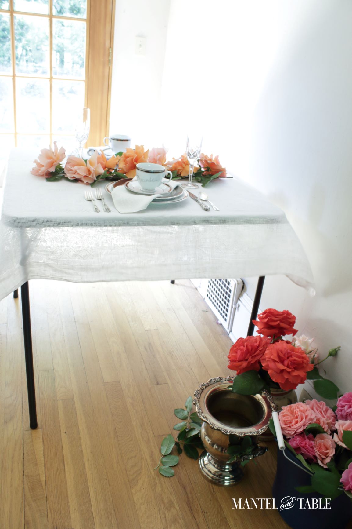 Card table with place settings & teacup place cards