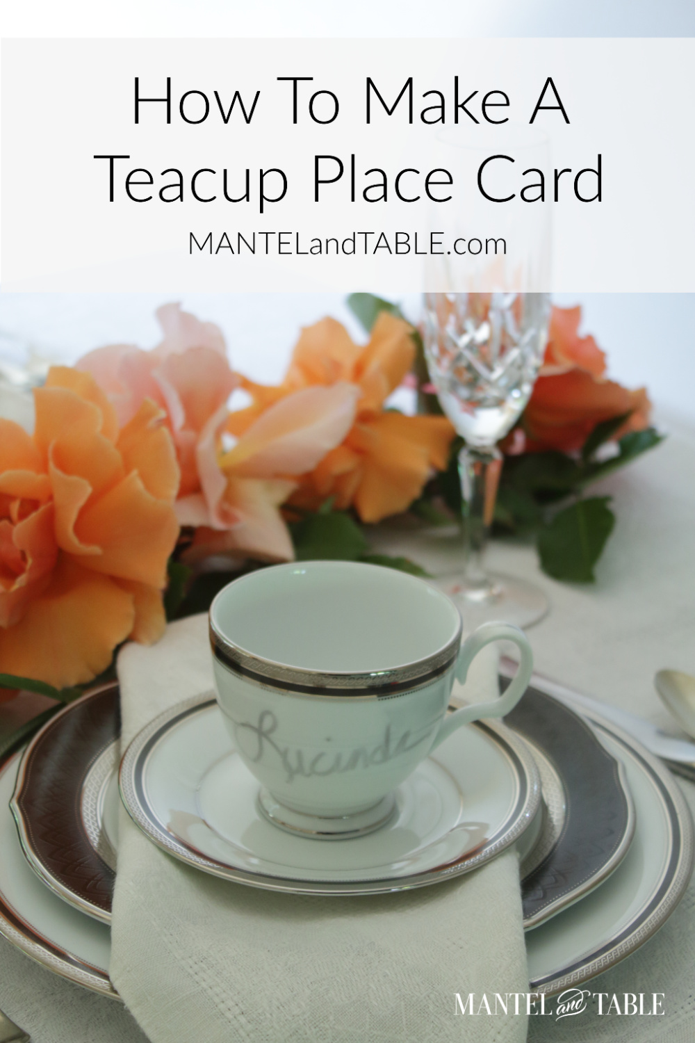 Teacup place card on plate stack with Pinterest banner