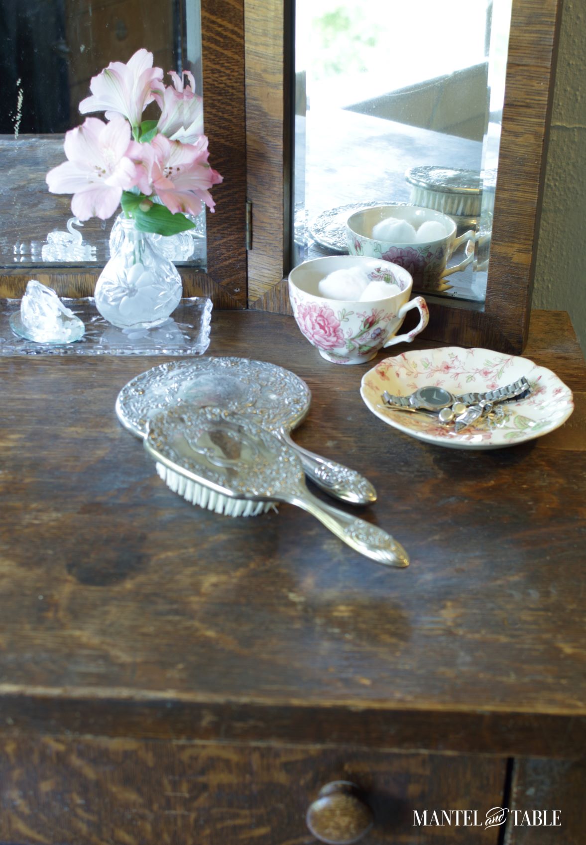 Rose Chintz teacups and saucer on dressing table