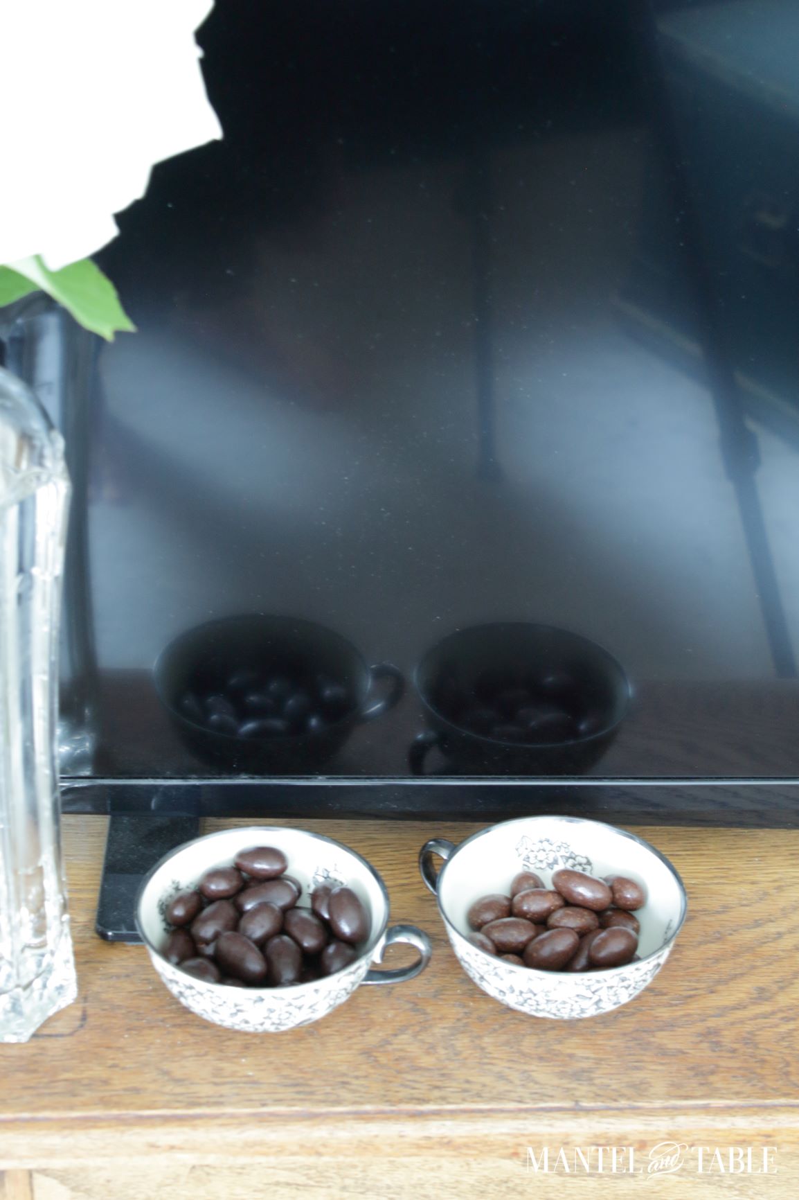 Chocolates in teacups in front of TV