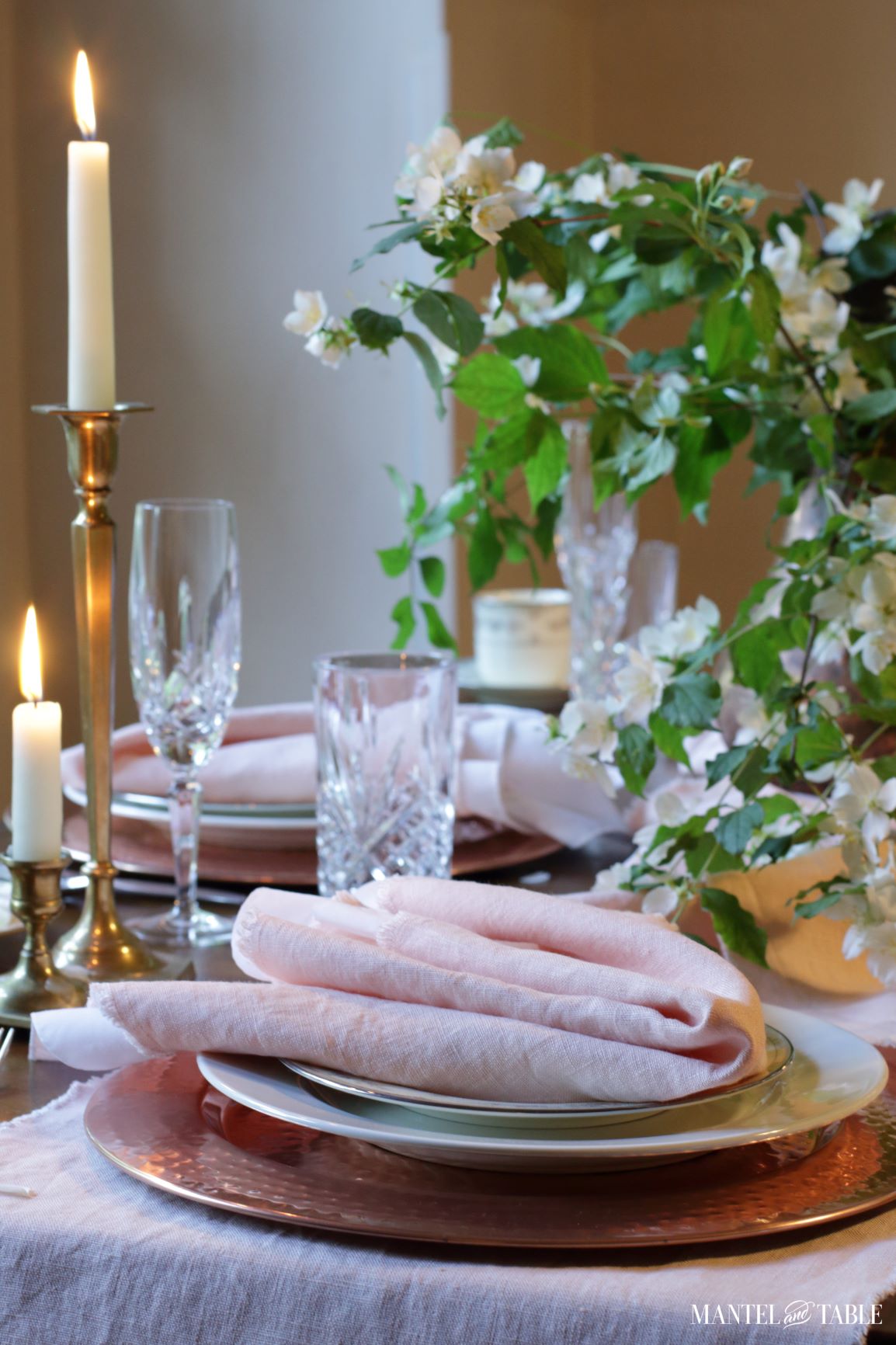 Blush table linens place settings