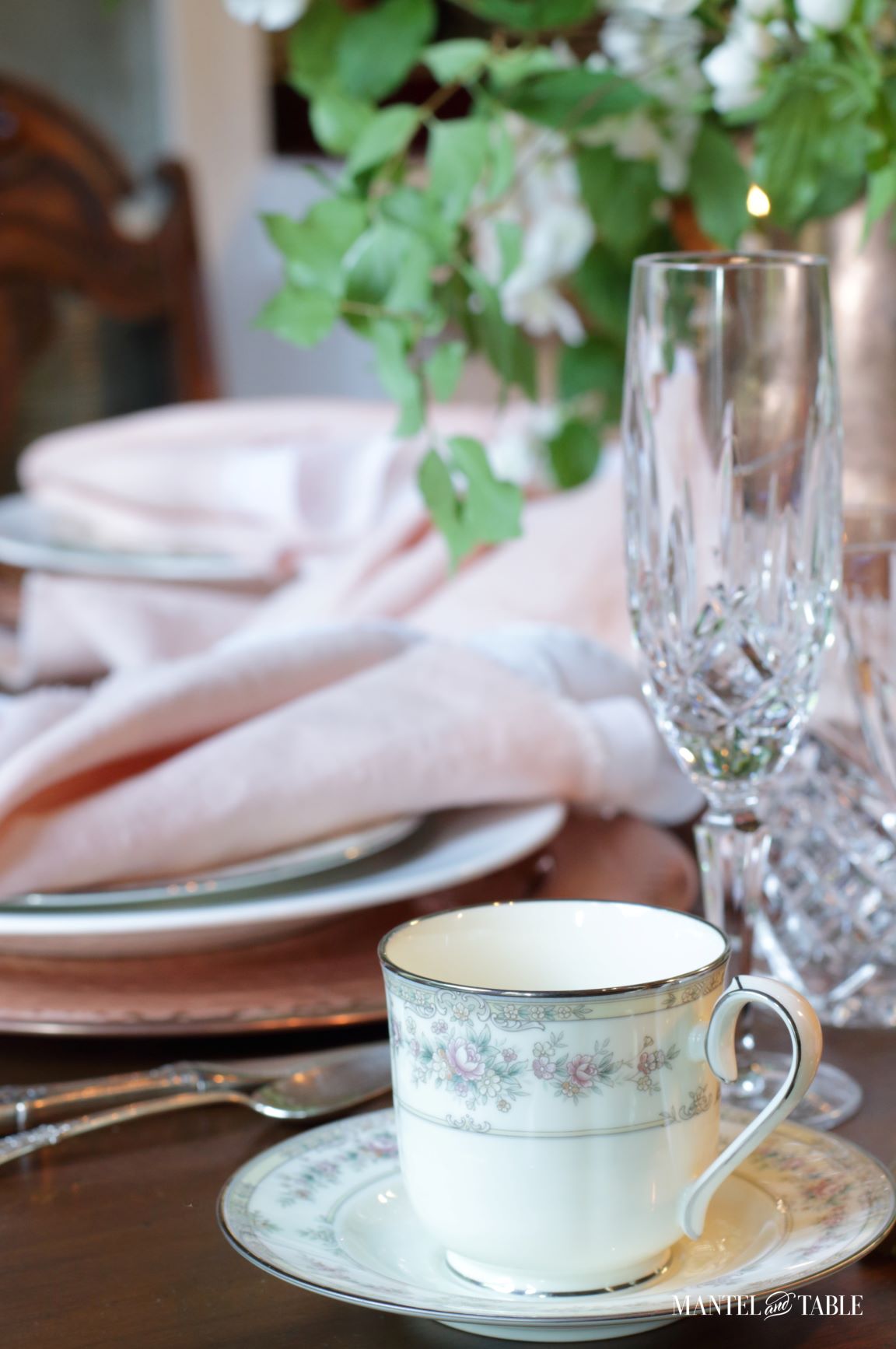Blush table linens - closeup of teacup and saucer