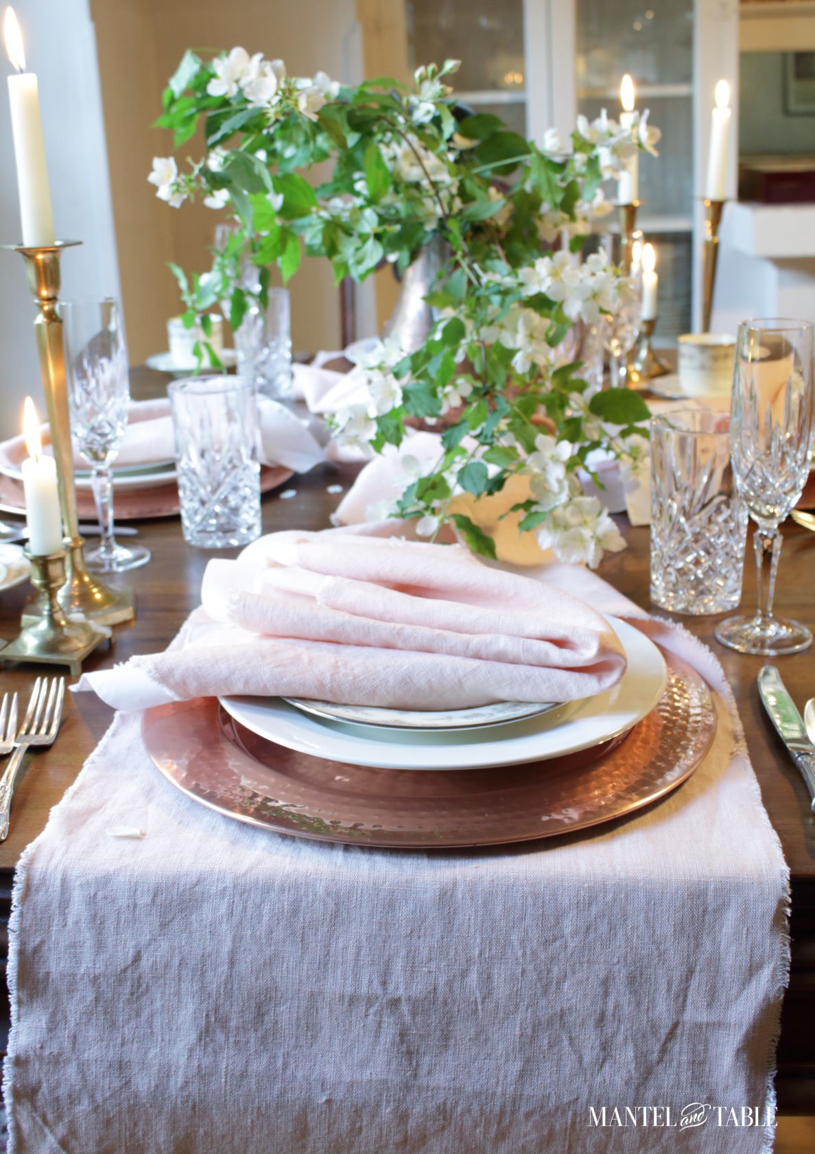 Blush table linens - view from end of table
