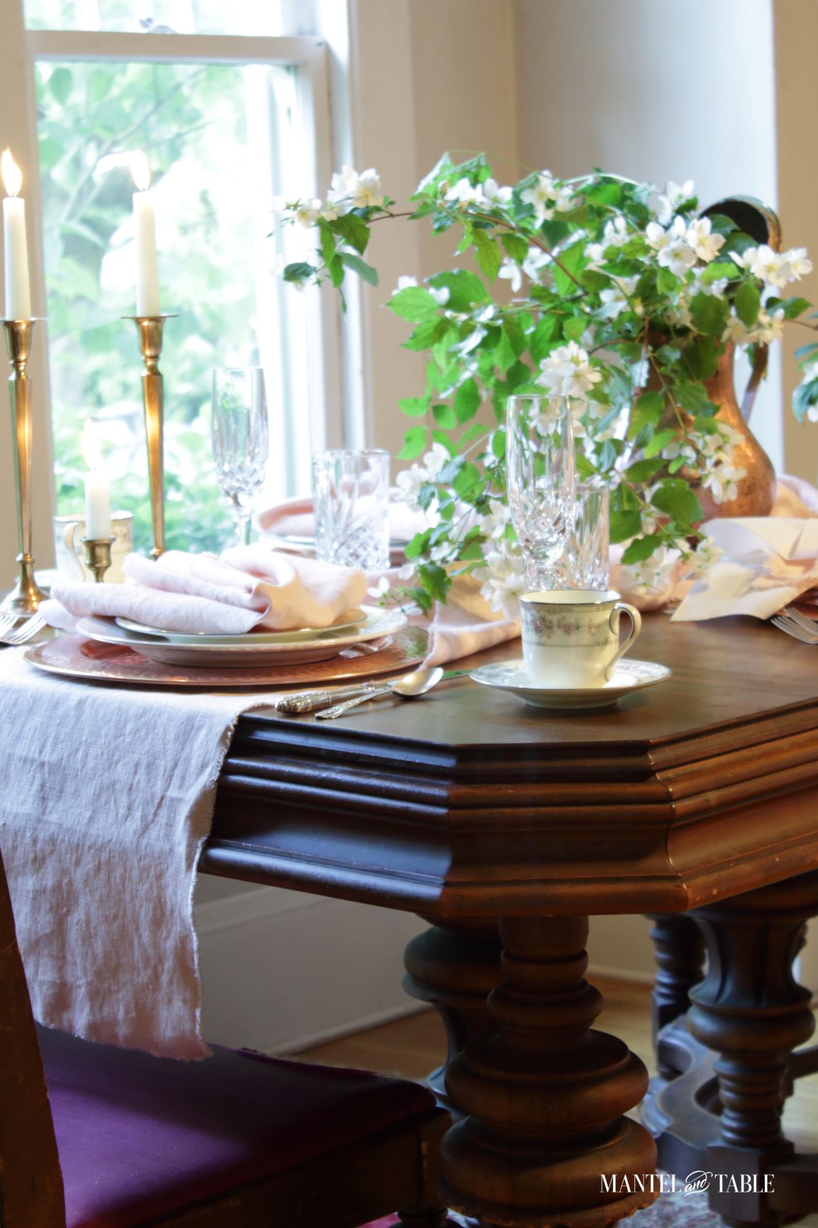 Blush table linens tablescape - end view