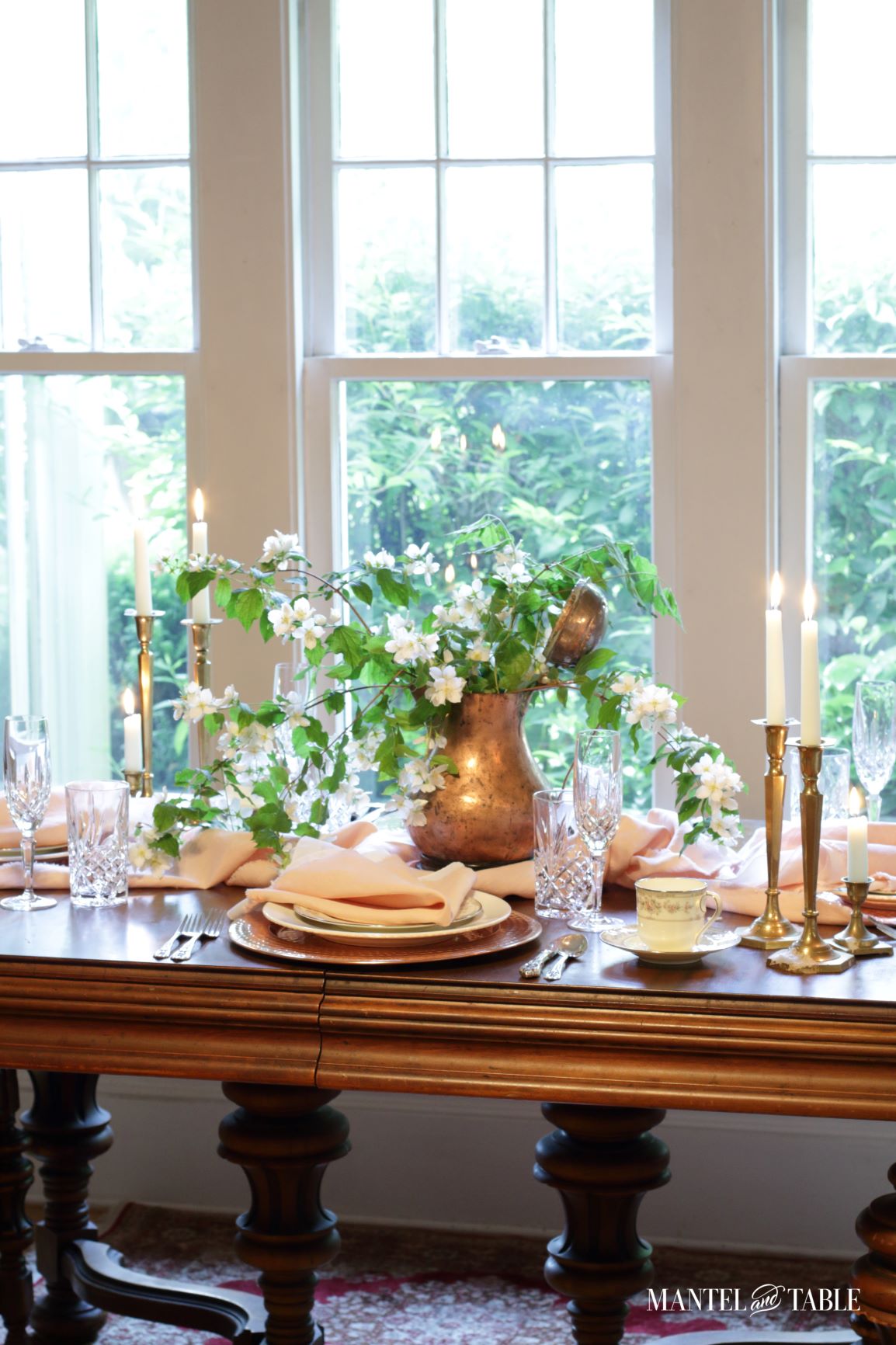 Blush table linens tablescape side view