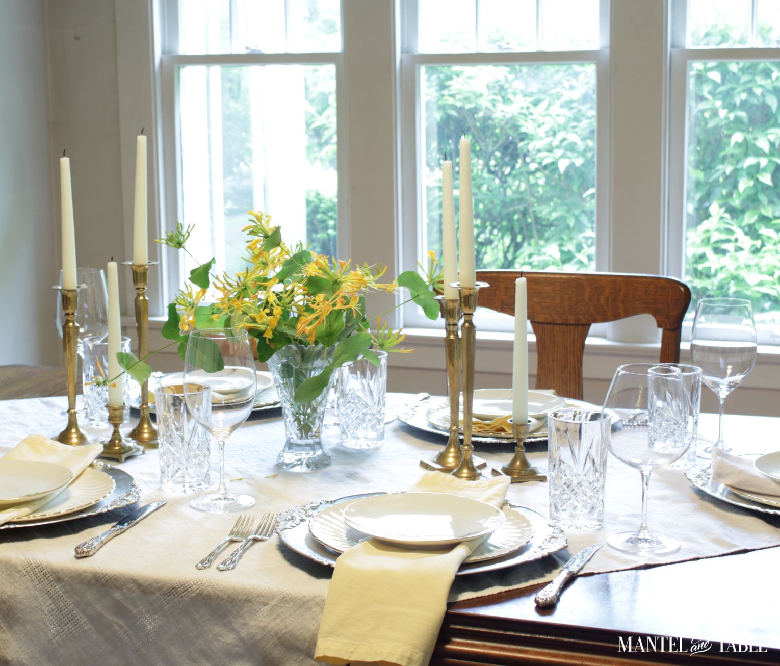 Honeysuckle tablescape with silver fold and white