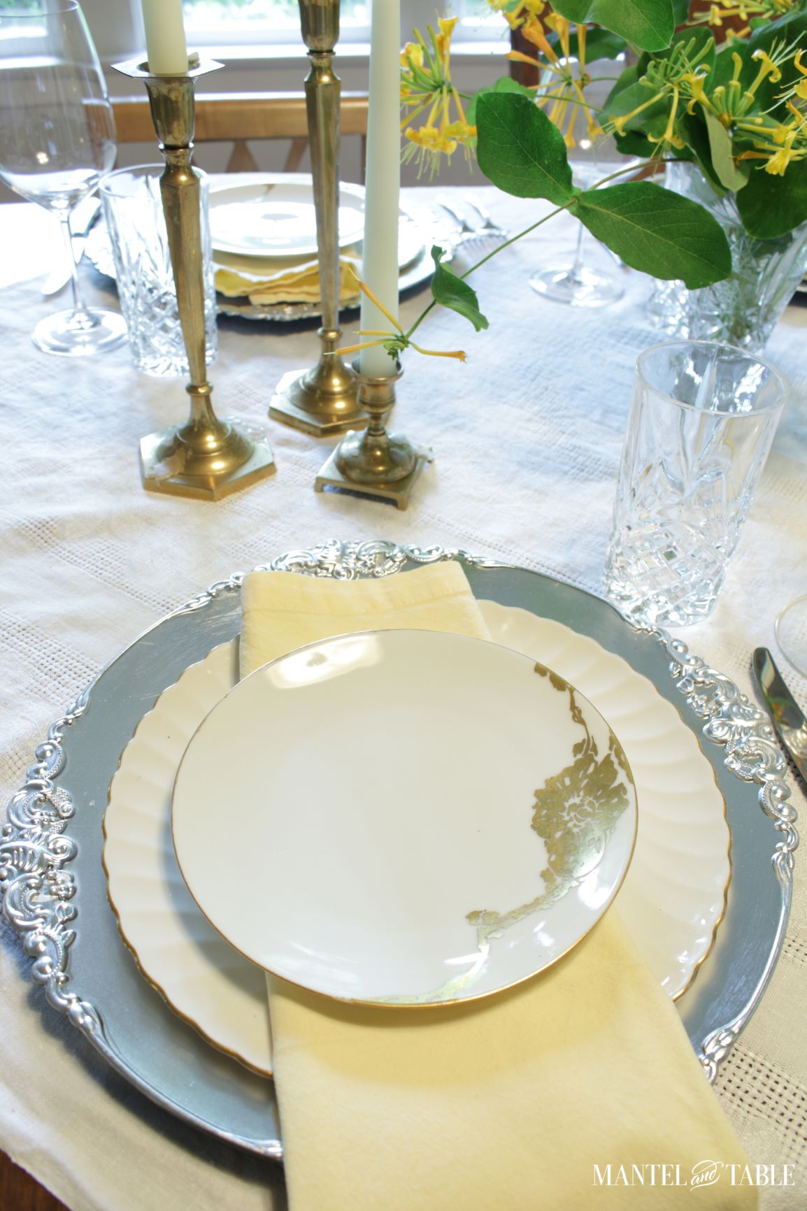 Plate stack on honeysuckle tablescape