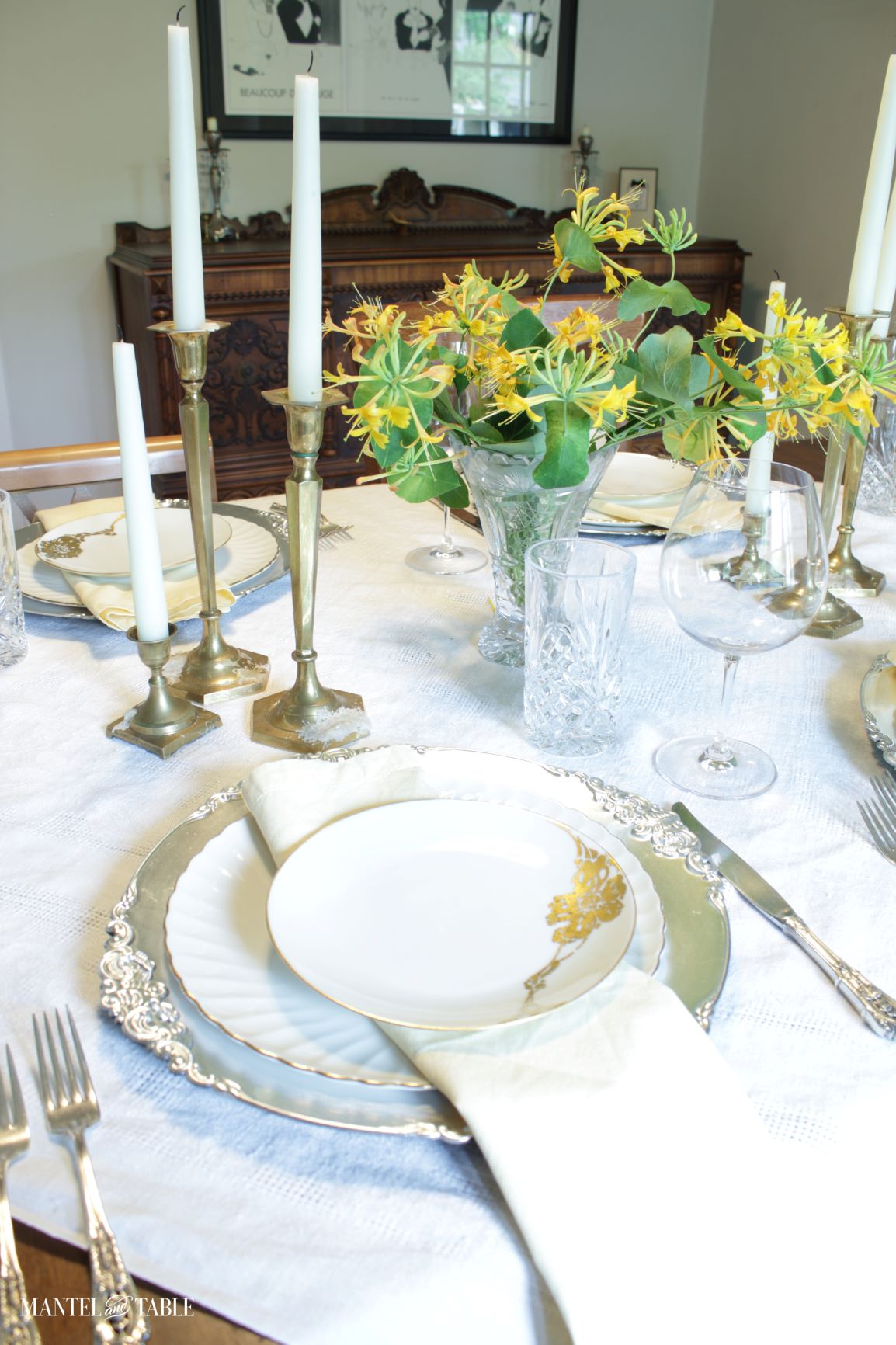 Crystal water glass on honeysuckle tablescape
