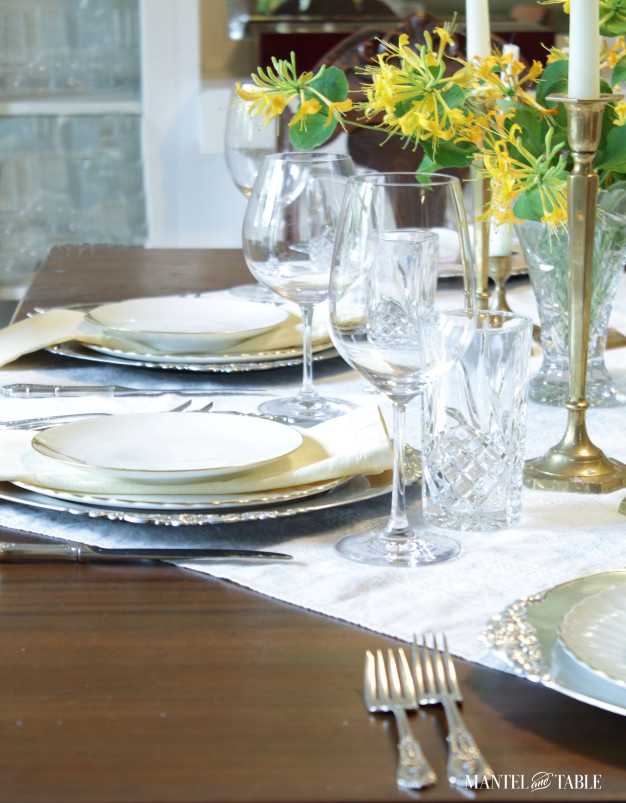 Honeysuckle tablescape ~ closeup of Bordeaux wine glass