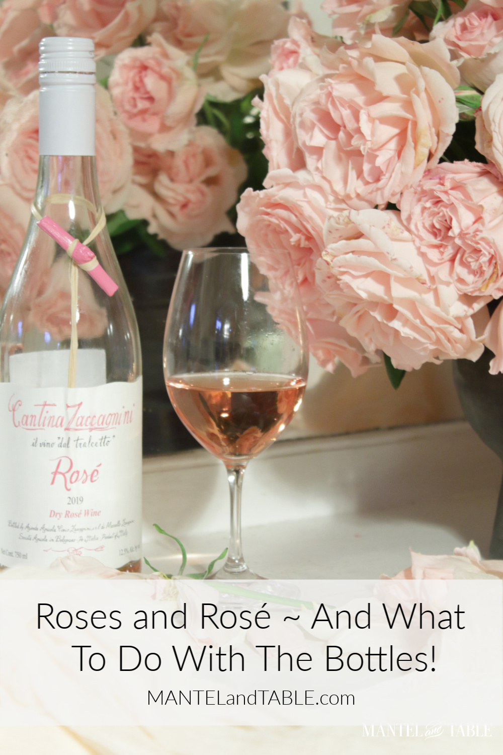 Rosé wine in a glass, with wine bottle and pink roses. Pinterest banner