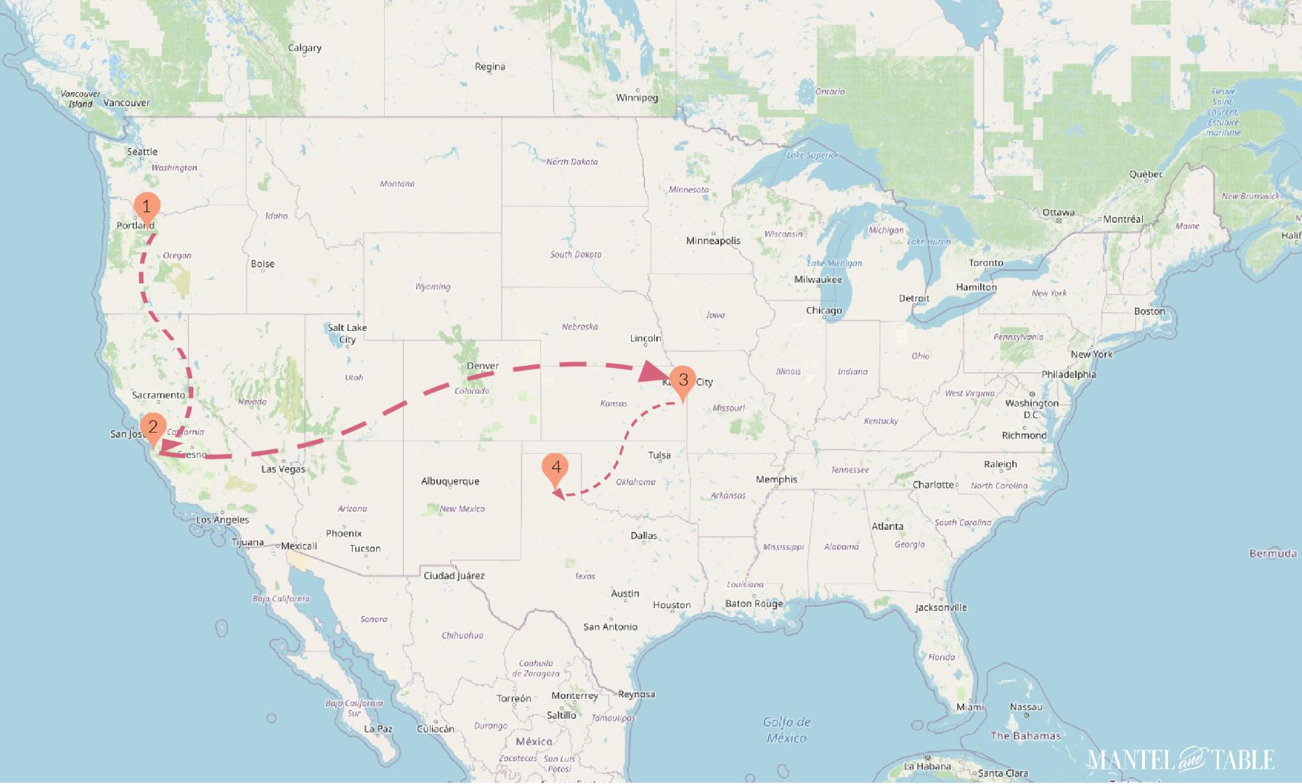 US Map with travel route