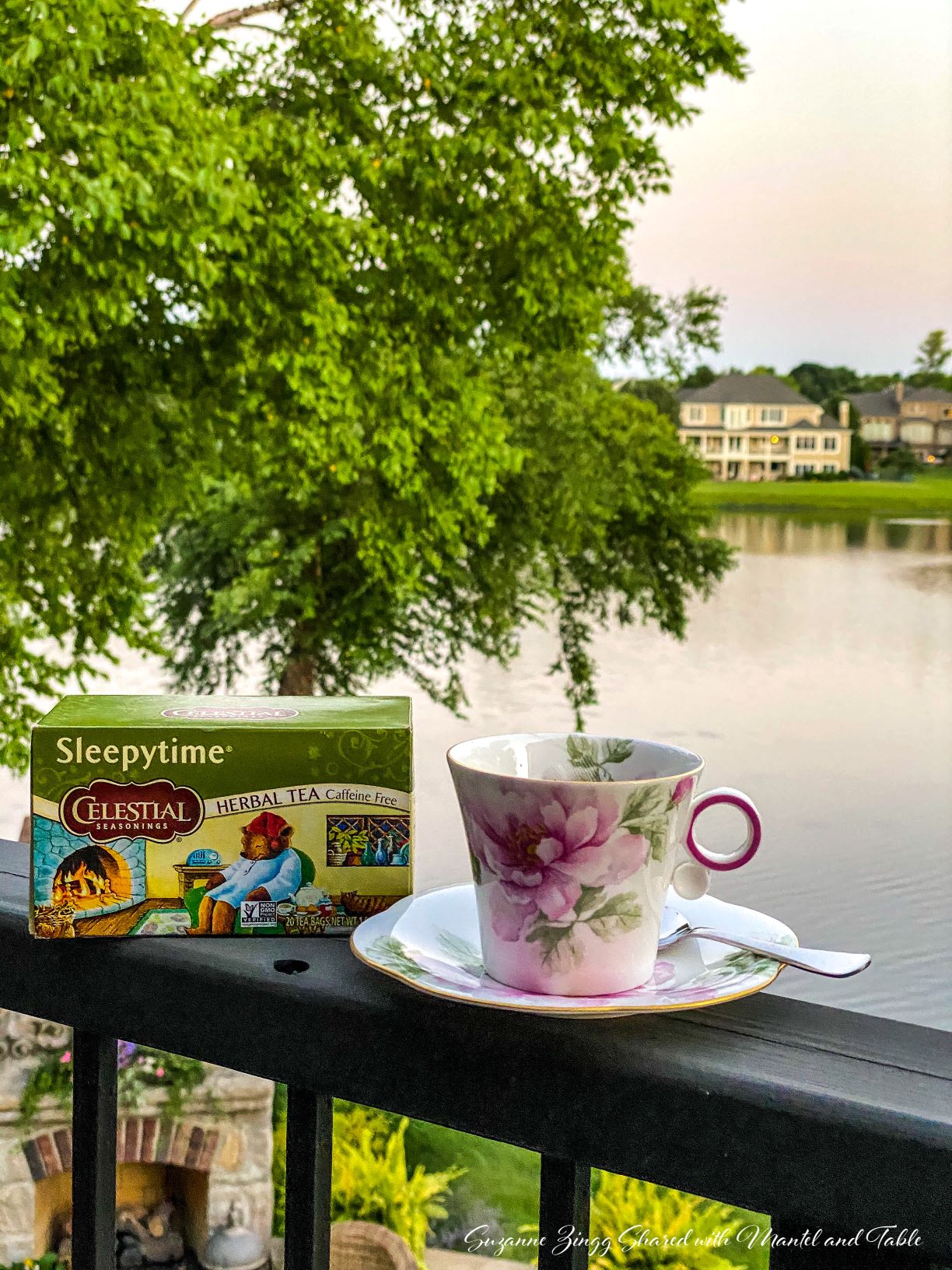 Traveling Rose Teacup on a railing with Sleepytime herbal tea box