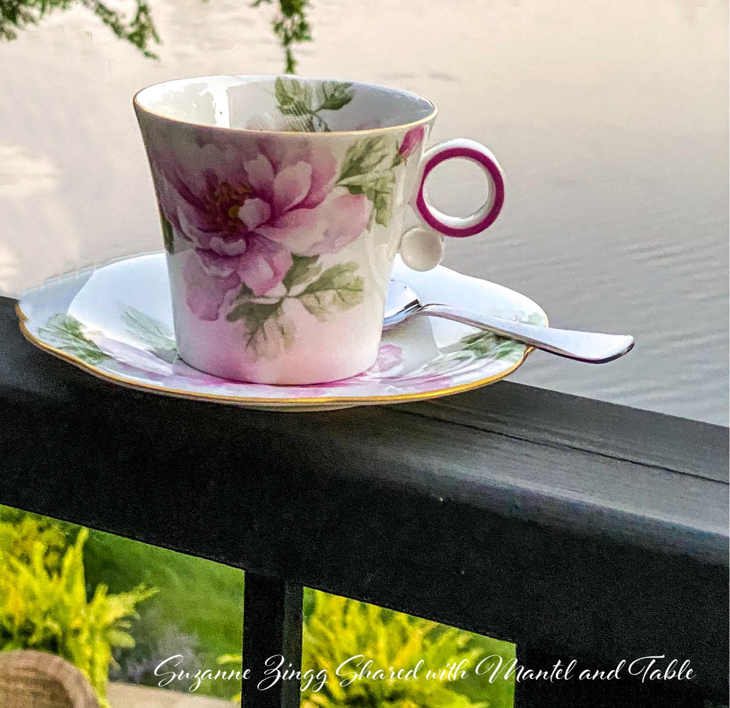 Closeup of teacup on railing