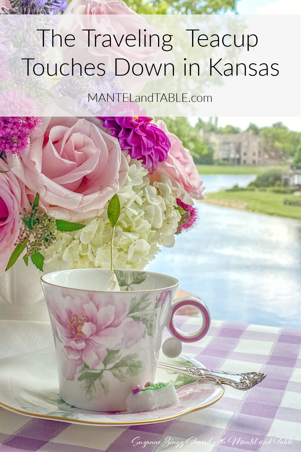Traveling Teacup with rose bouquet by lake - Pinterest banner