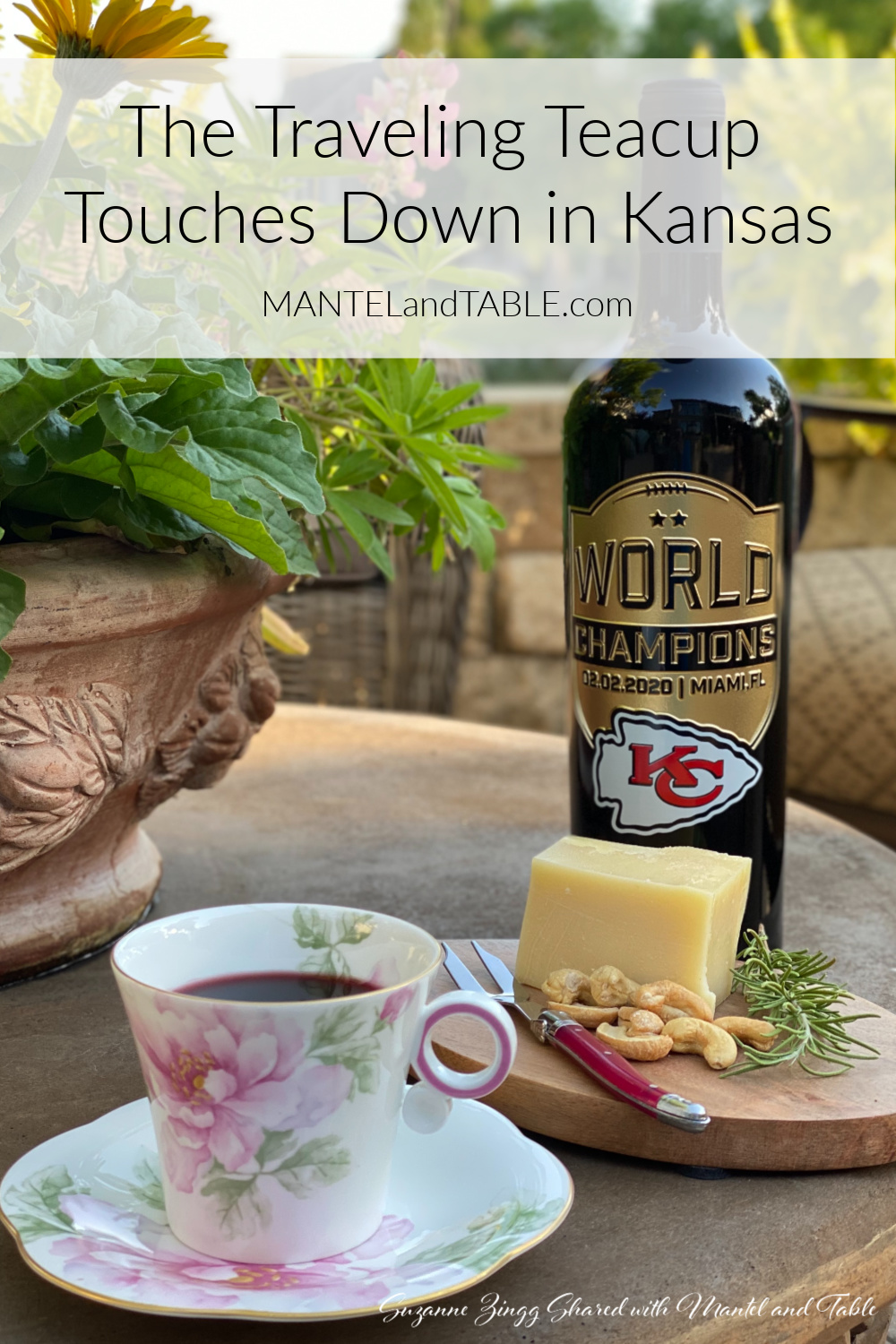Cup and saucer with appetizers and Kansas City Chiefs wine bottle