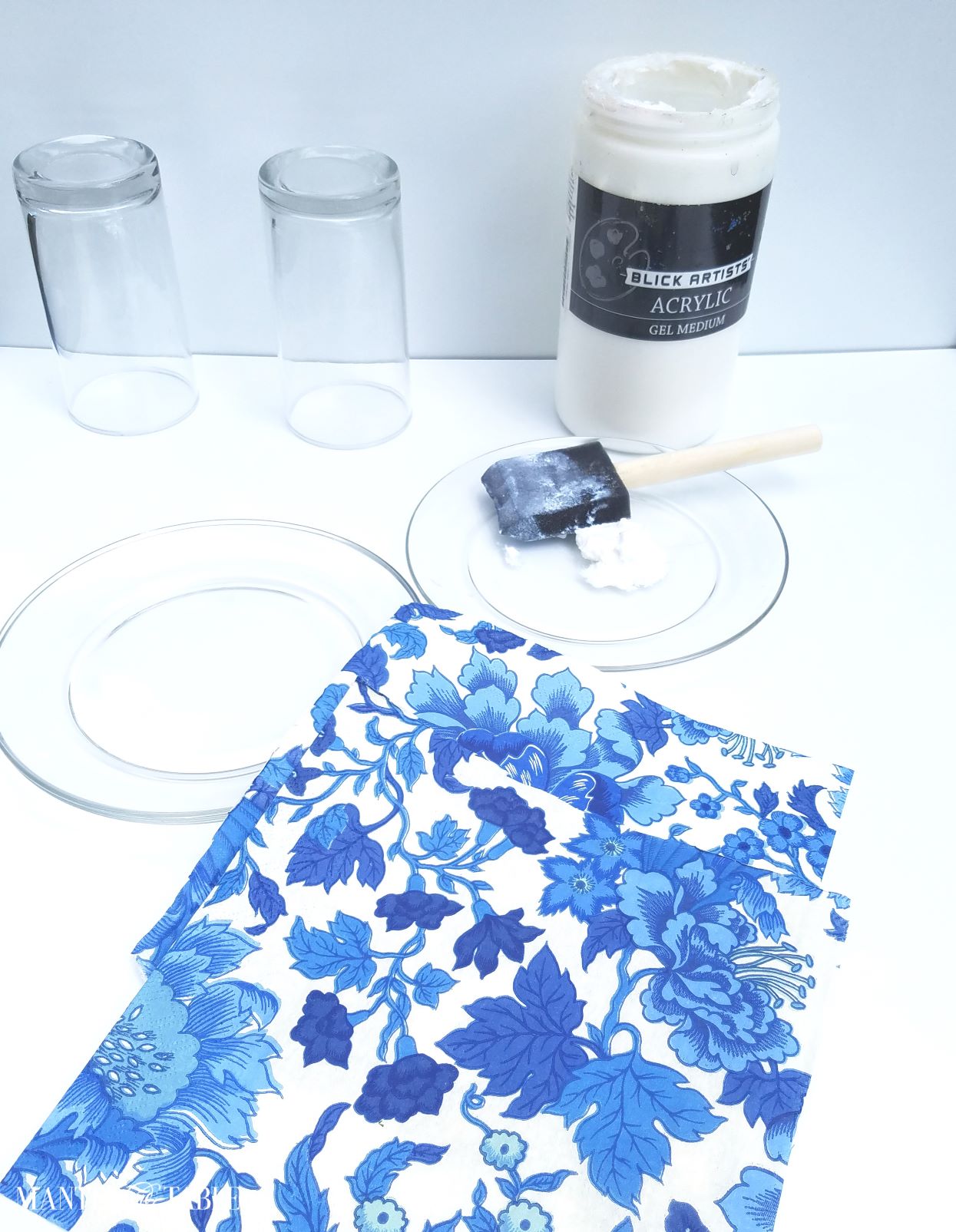 DIY plate supplies - glass plates, blue & white napkins, gel medium, foam brush