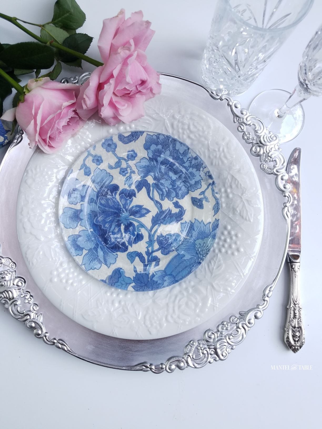 Blue and white DIY plate in place setting