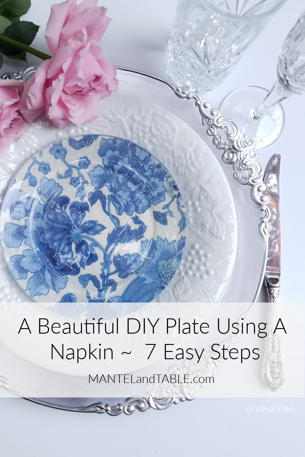 Blue and white DIY plate in a place setting. Pinterest banner