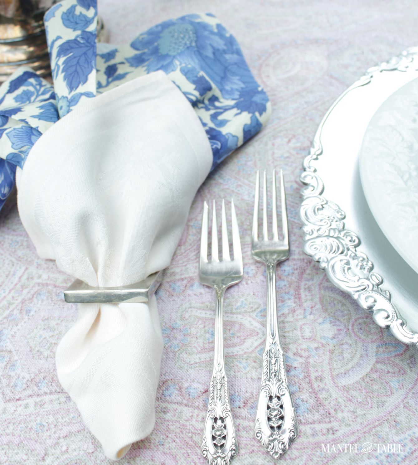 Closeup of napkins on blue & white tablescape