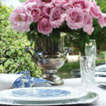 Pink roses in a blue and white tablescape