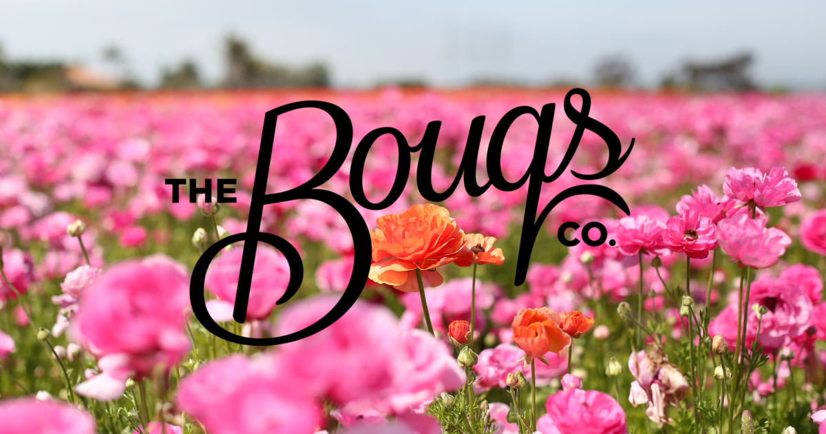 The Bouqs Co logo with a field of flowers in the background