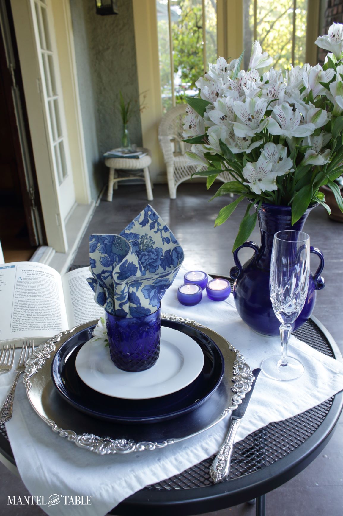 View across a Blue and white tablescape