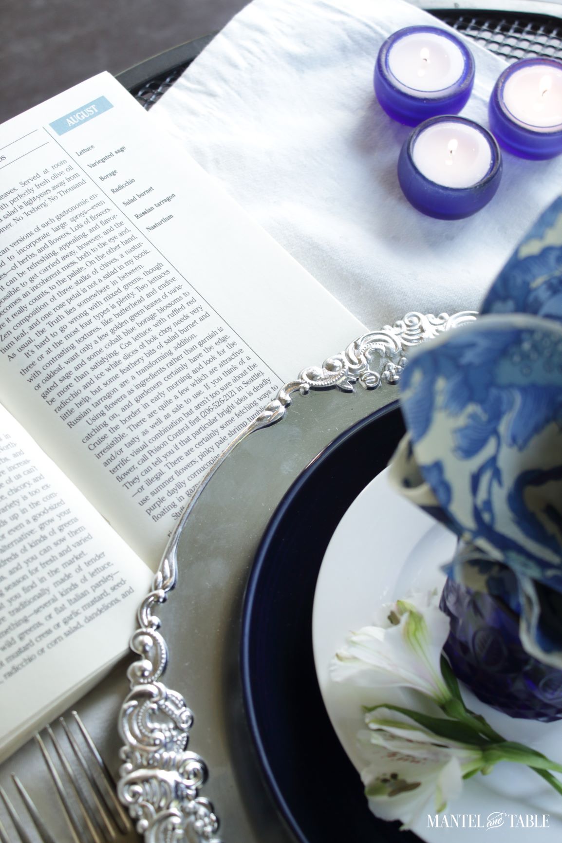 A book open on the blue and white tablescape