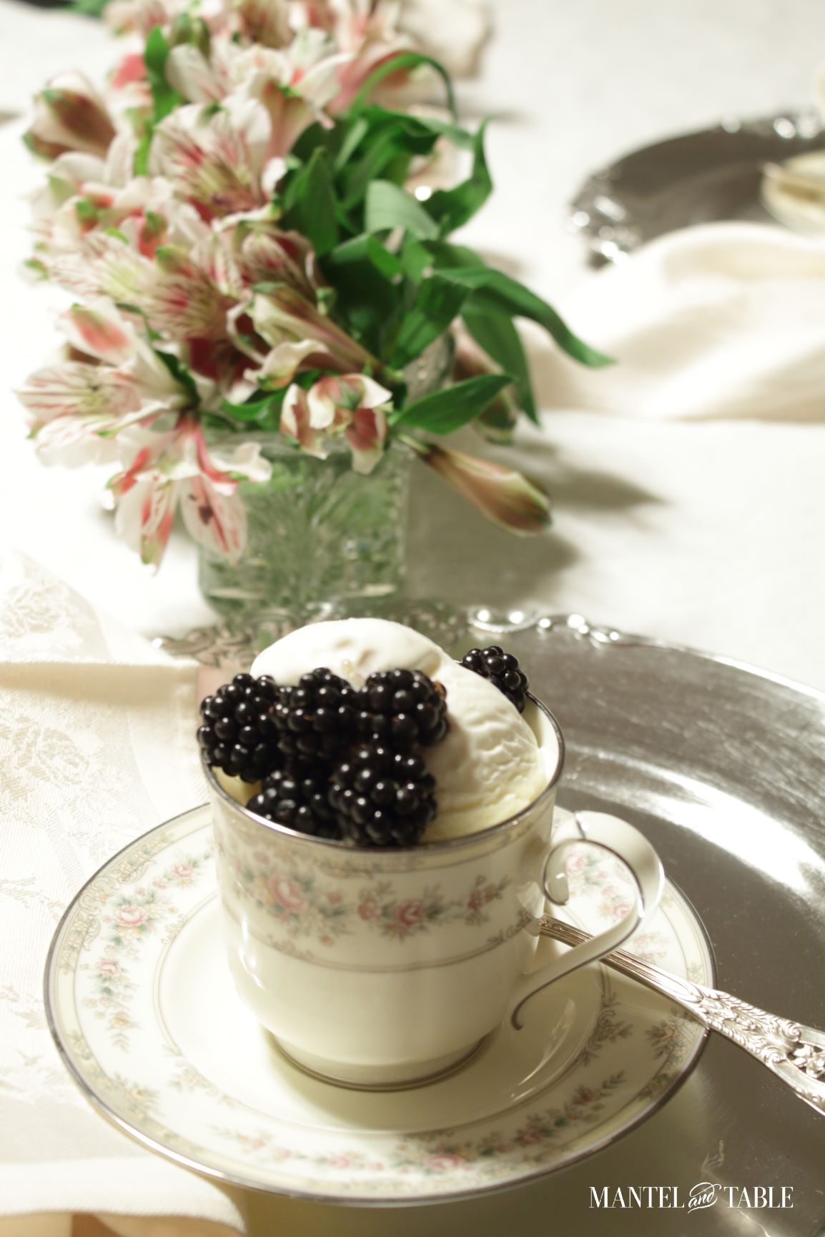 ice cream & berries in a teacup - top view