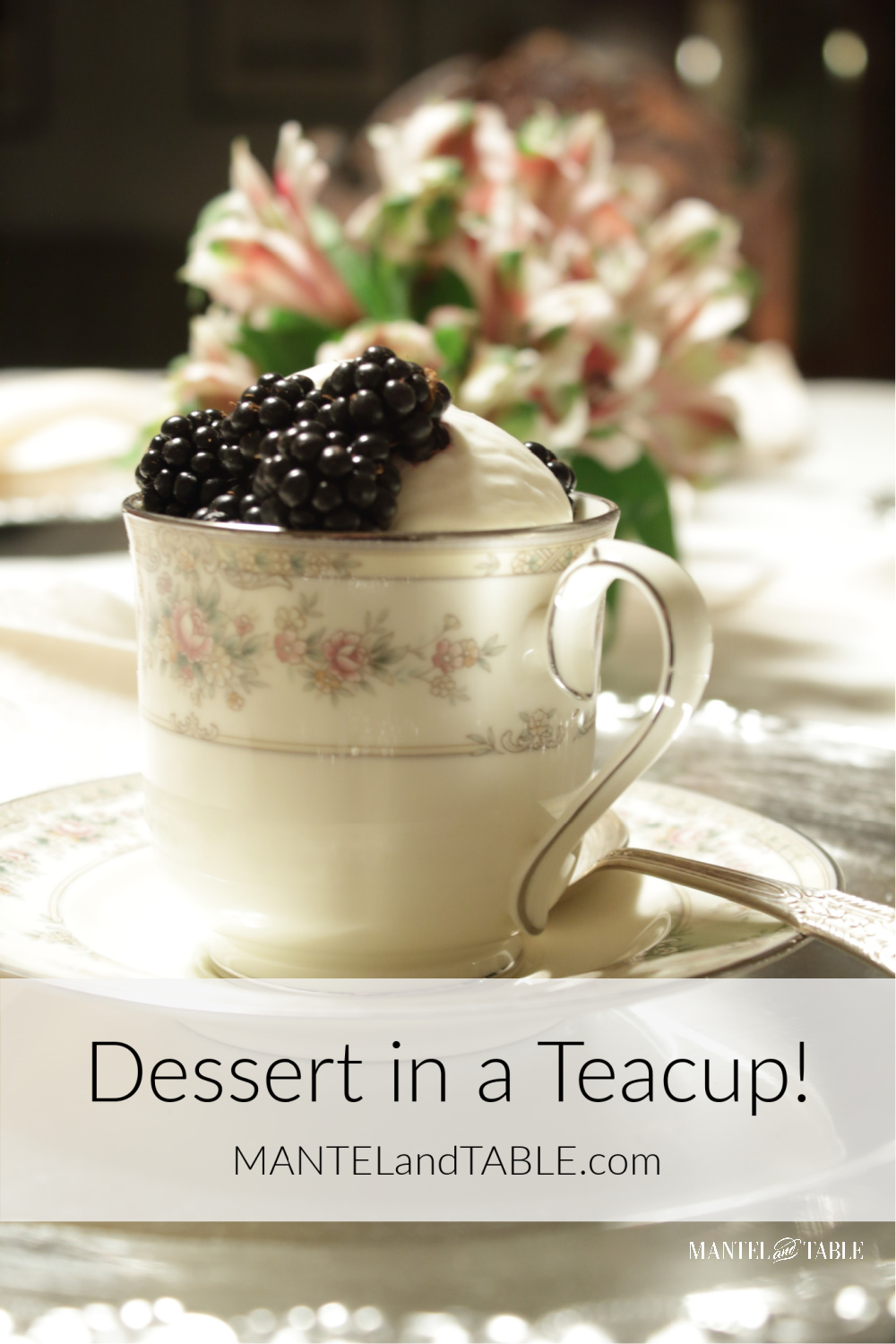 Ice cream dessert in a teacup with black berries. Pinterest banner.
