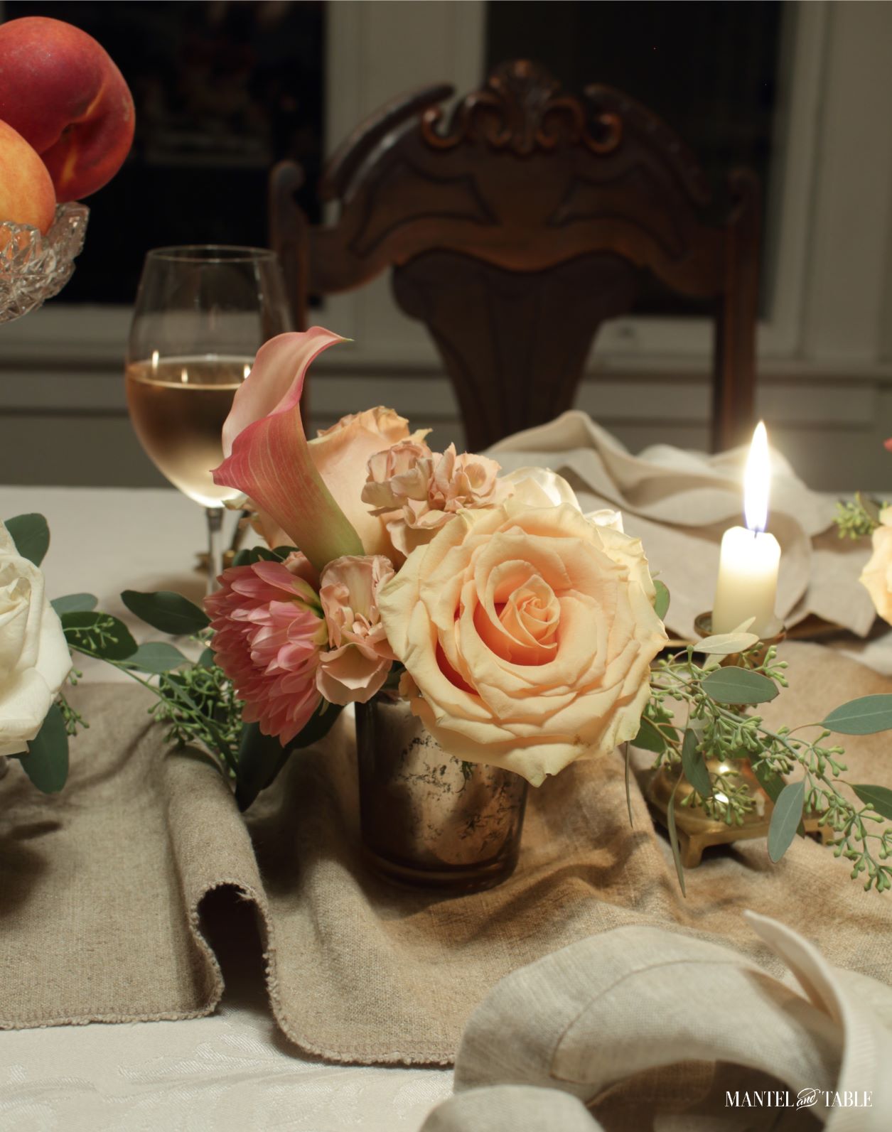 centerpiece of peach colored flowers