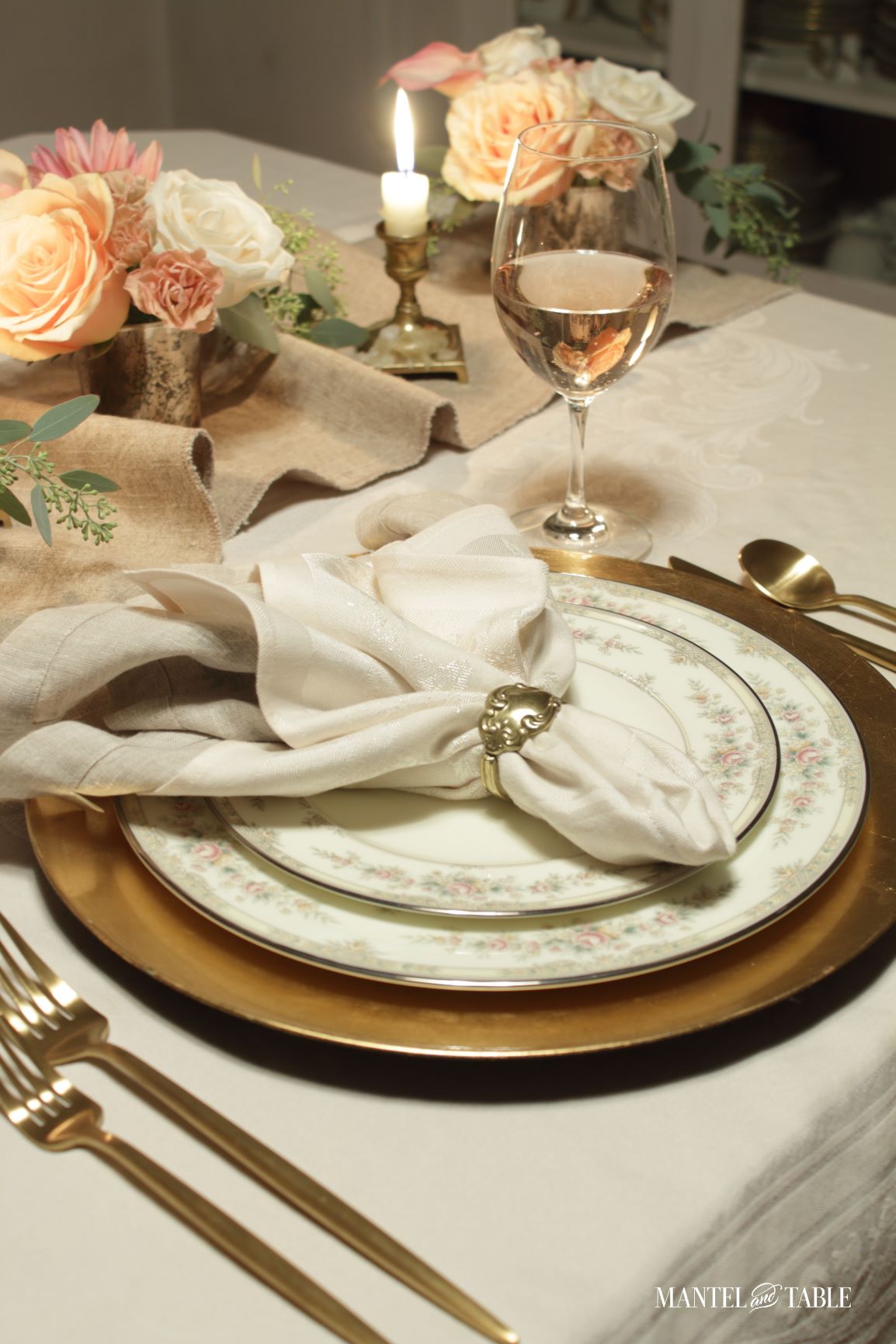 Pink flowered china and gold place setting