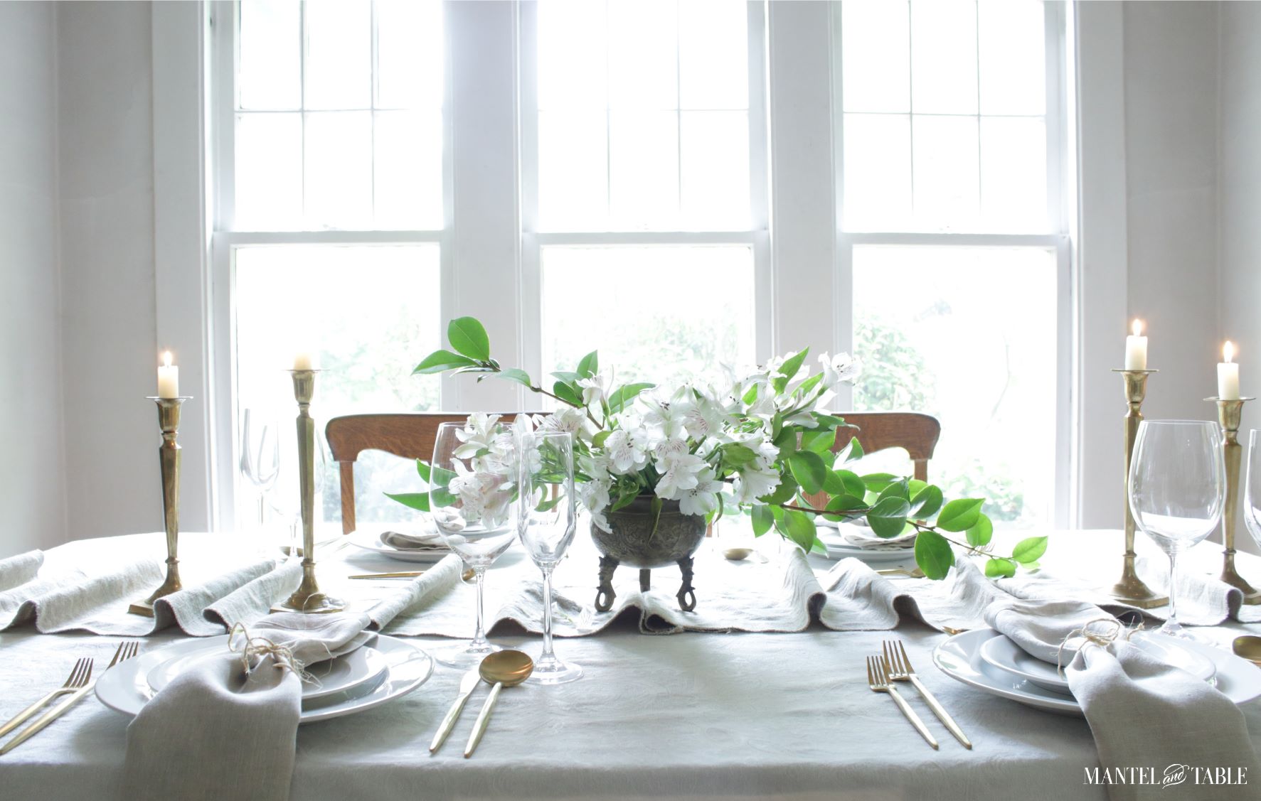 Full side view of table with skinny linen table runner