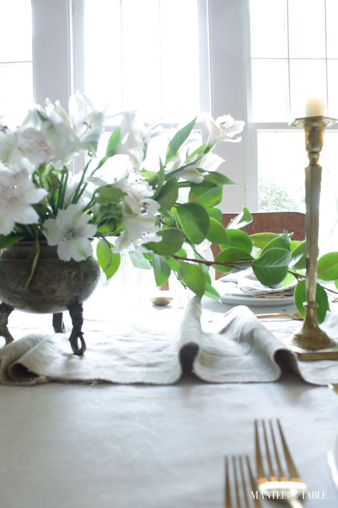 Closeup of linen table runner
