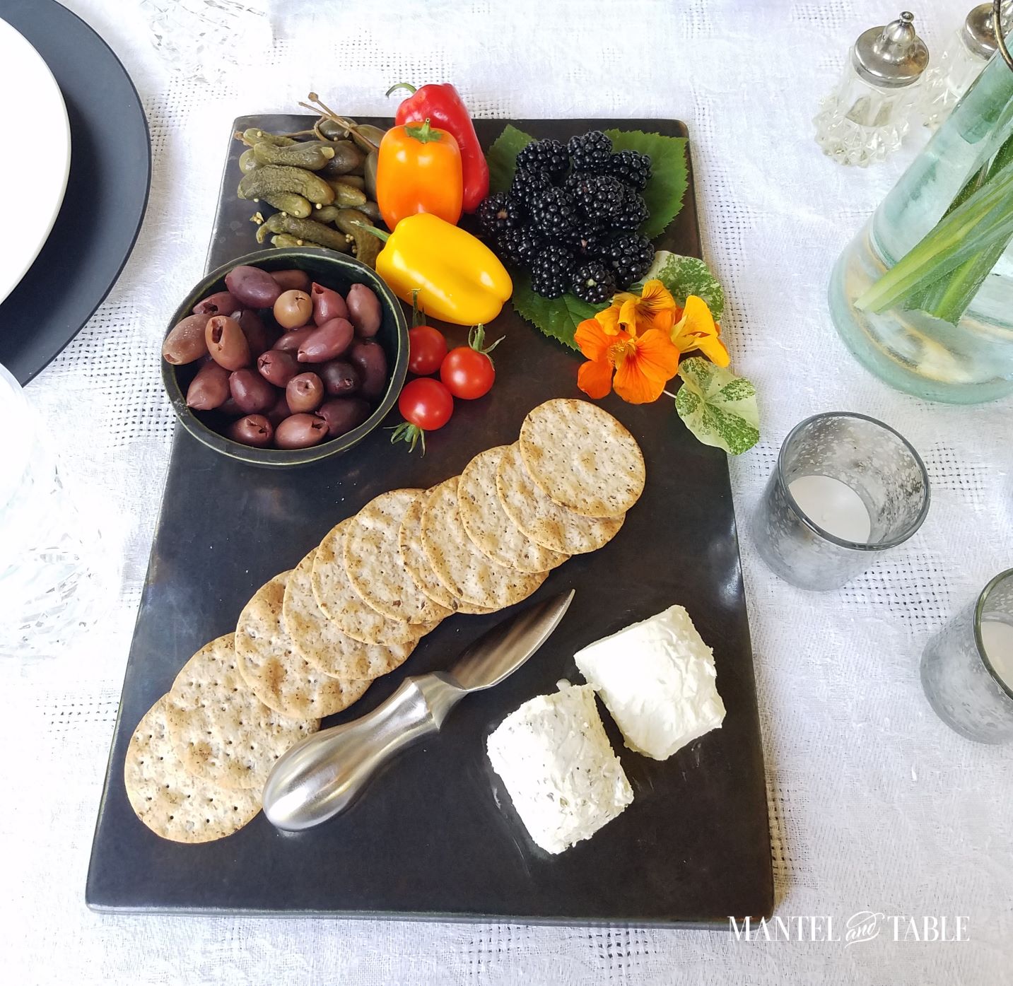 Appetizer tray with bright fruits and vegetables