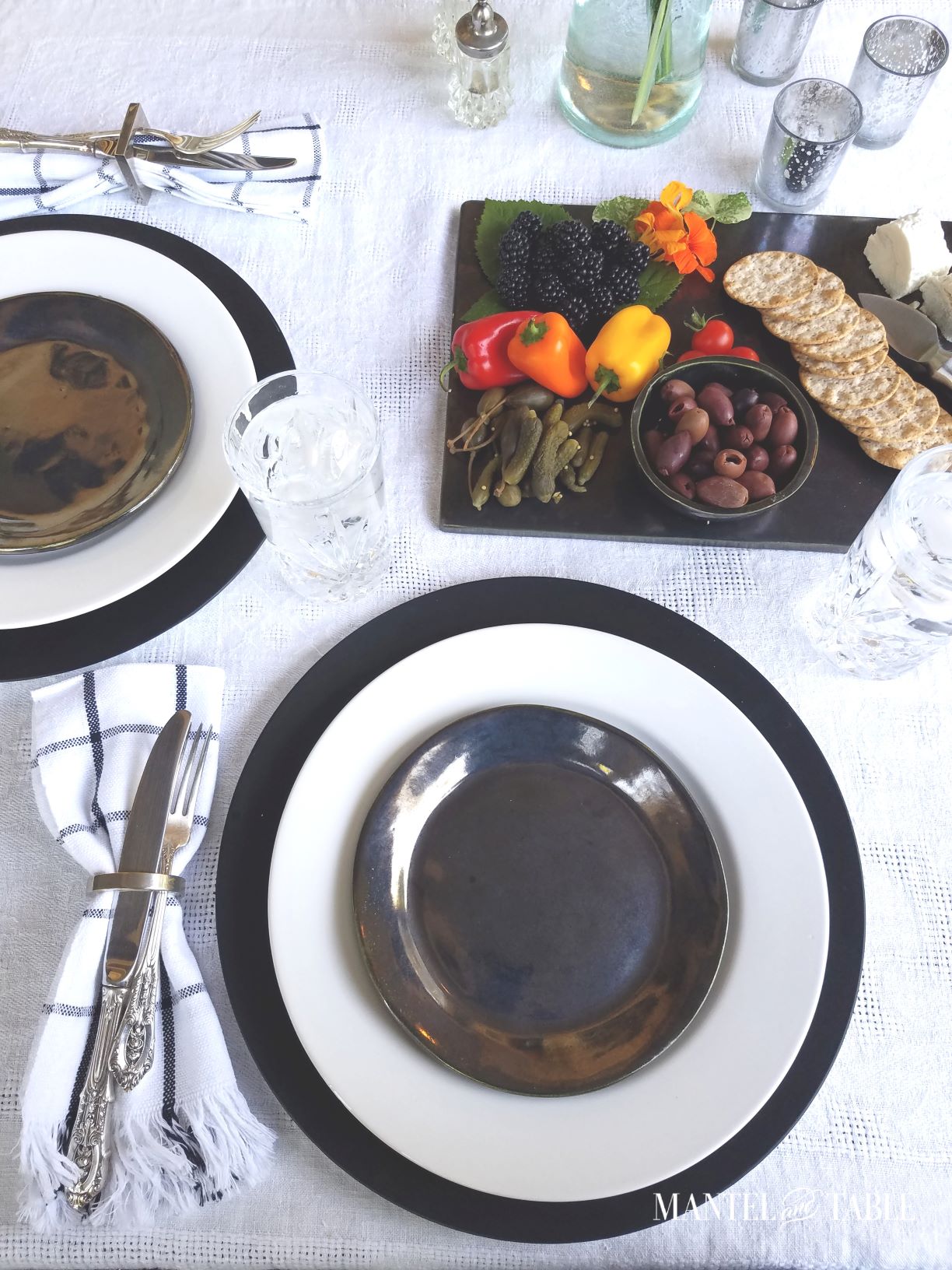 Closeup of place setting and appetizer tray