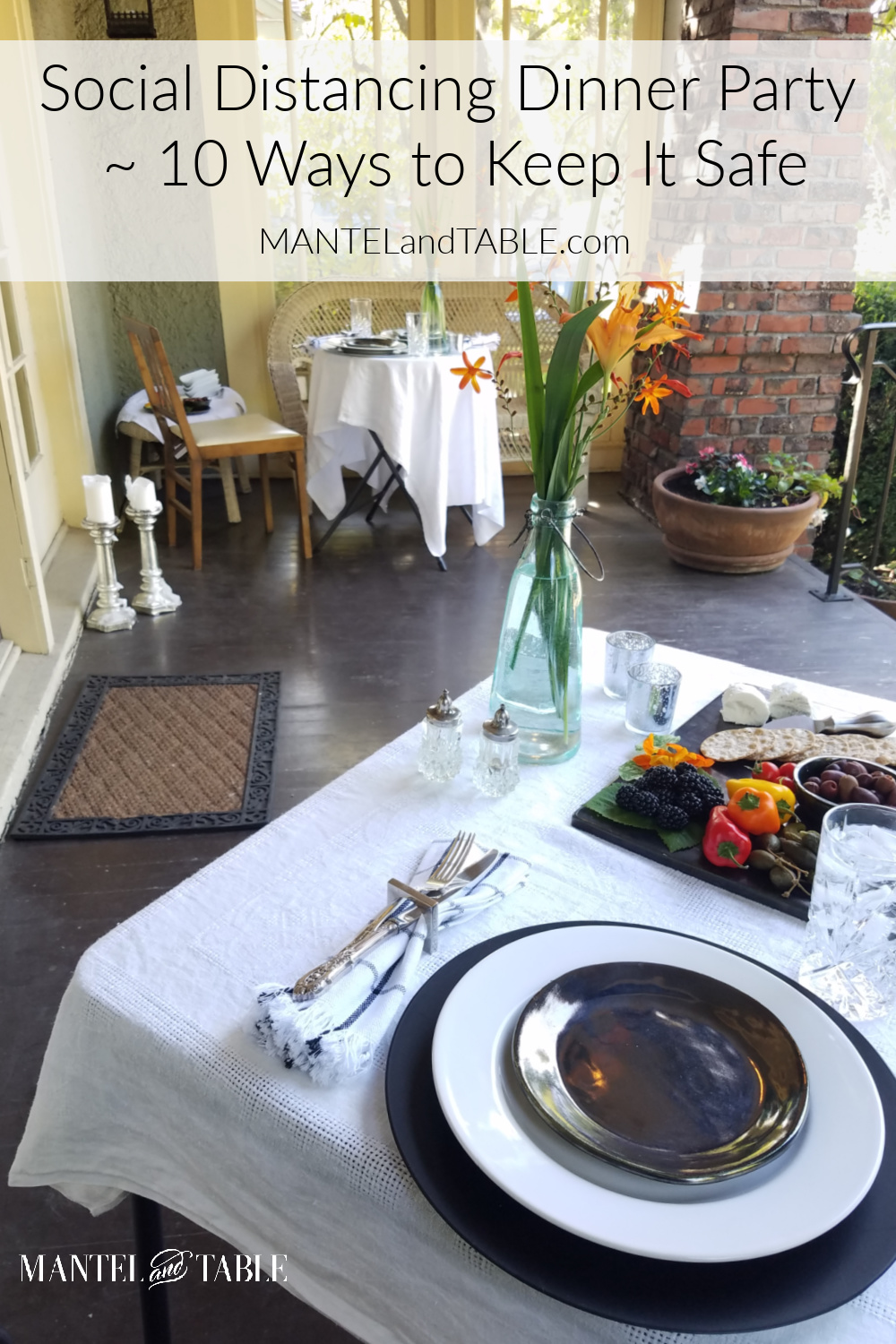Two tables on a porch for a social distancing dinner. Pinterest banner