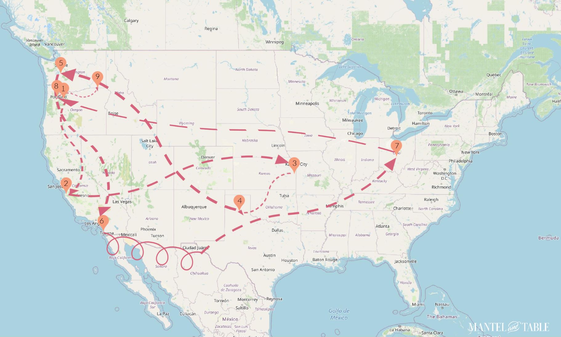 Map of the US showing the traveling teacup's route