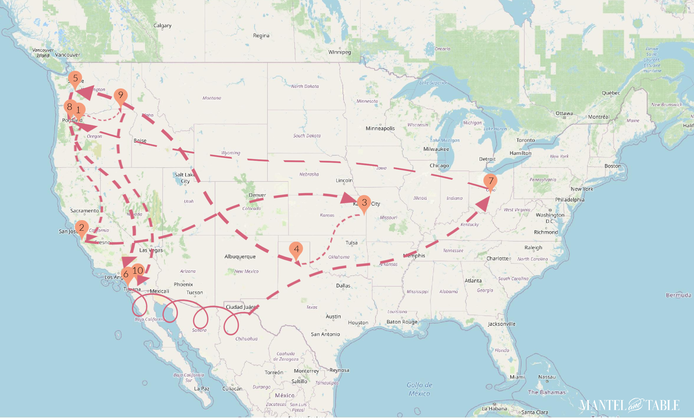 Map of the US with Traveling Teacup routes