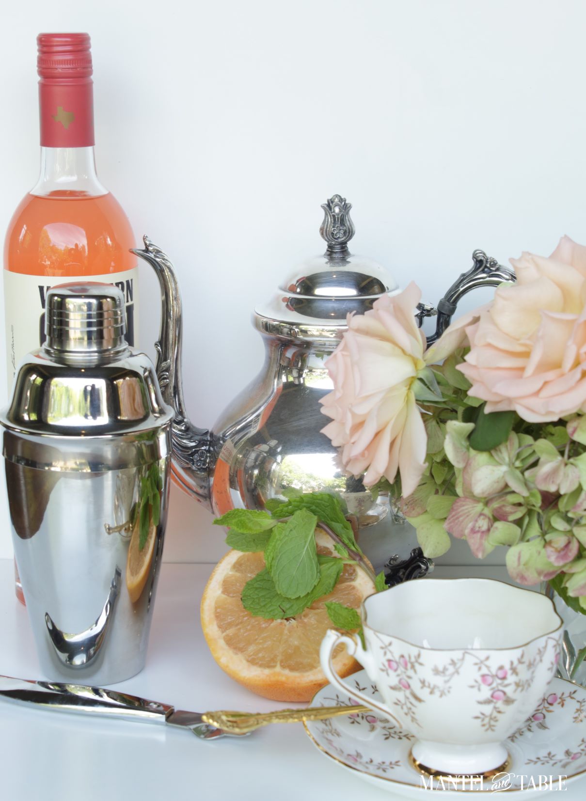 All the ingredients for a Cocktail in a teacup
