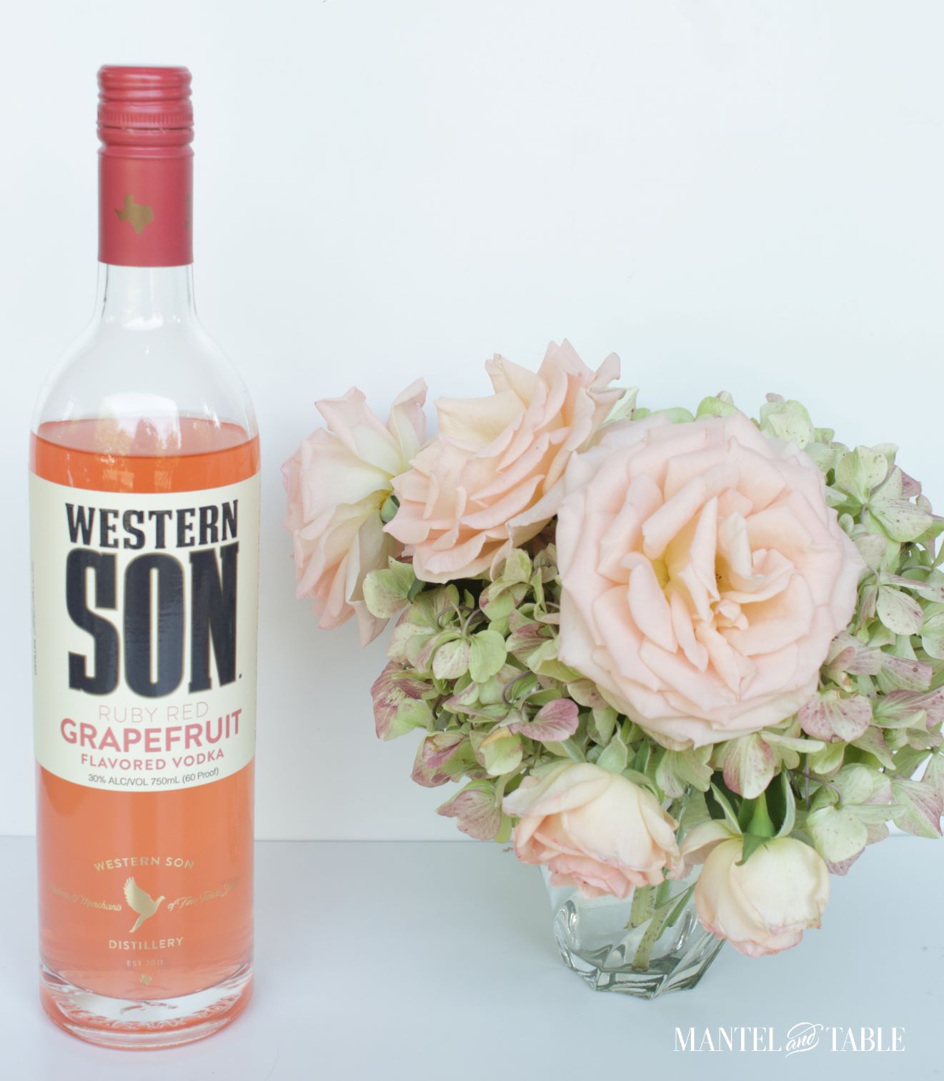 Western Son Grapefruit vodka with pink roses & hydrangeas