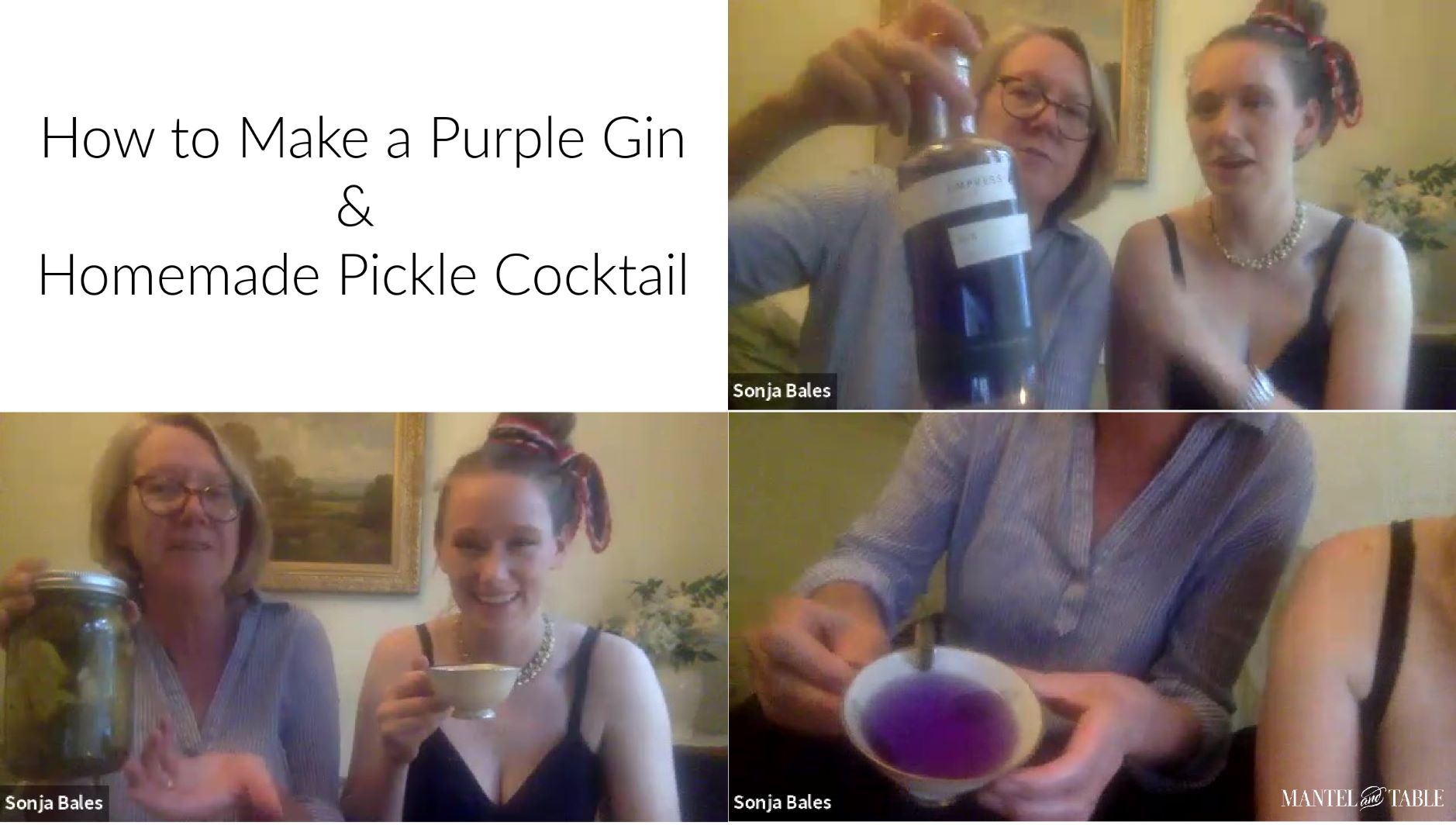 3 Zoom screen captures of how to make a purple gin cocktail