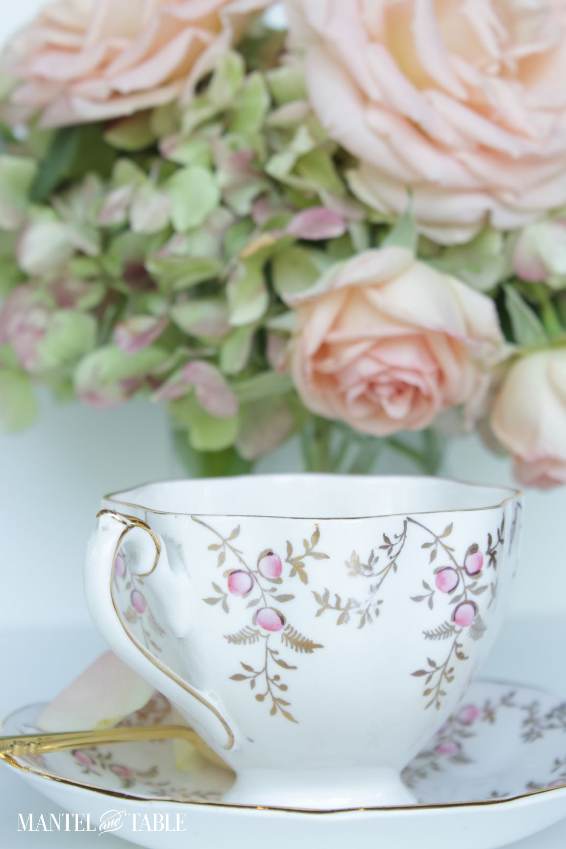 Closeup of pink and white teacup