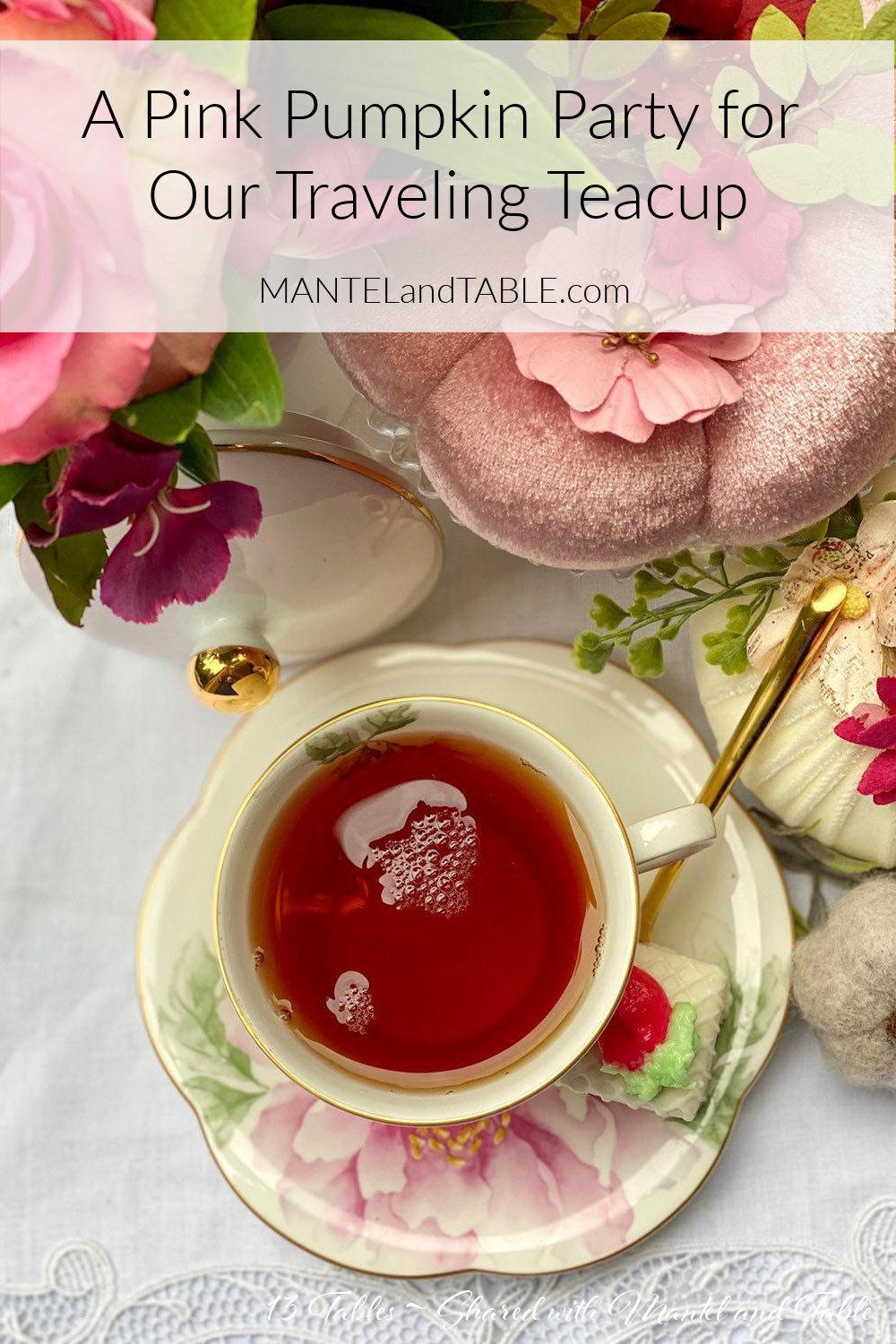 Pink flowered teacup & saucer with pink pumpkin. Top view.