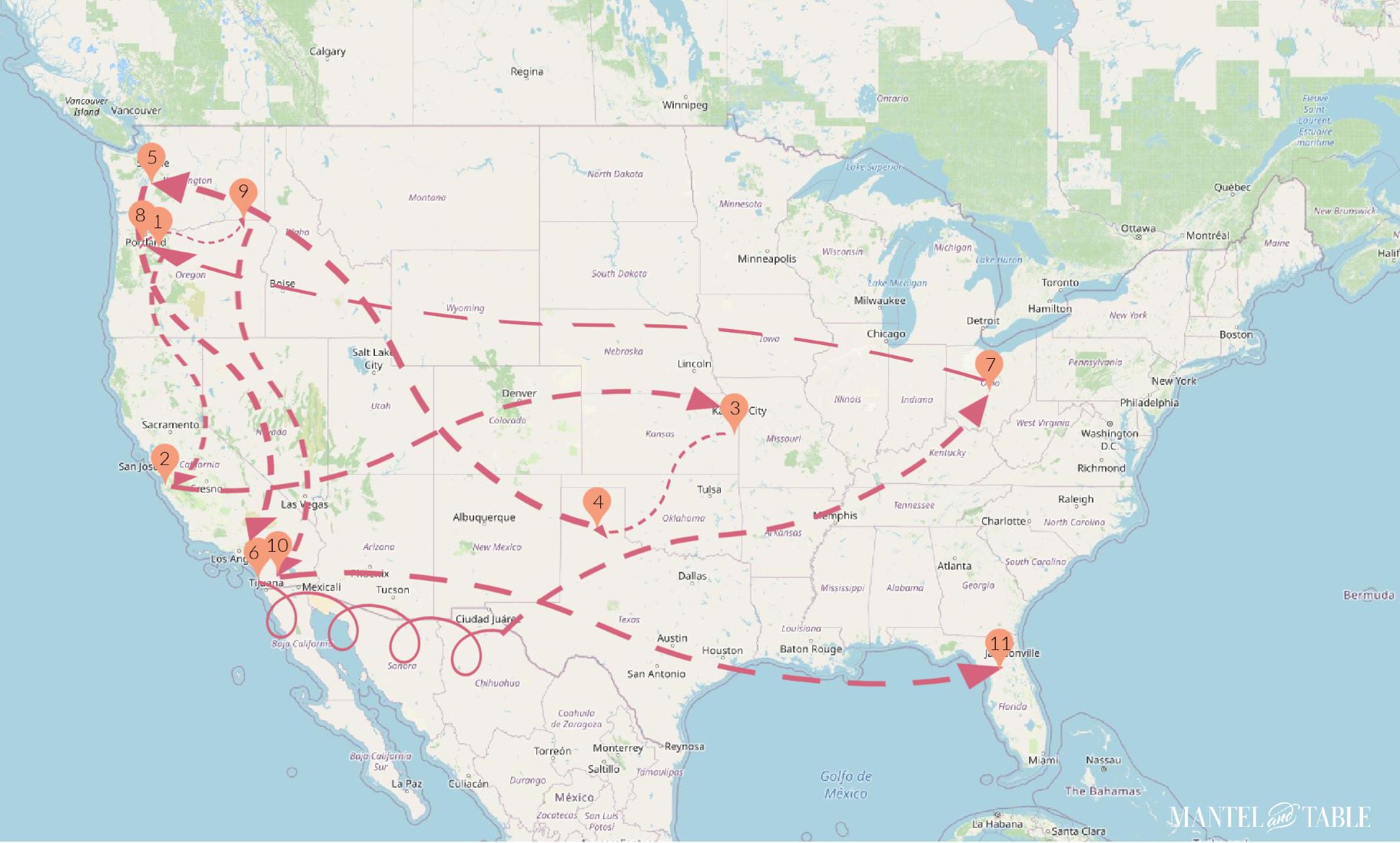 US map with teacup routes