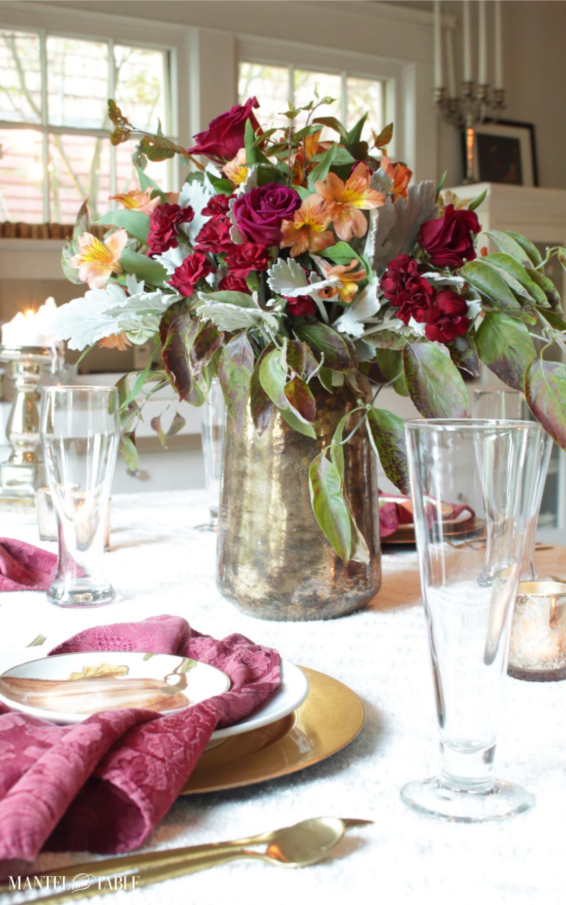 Red Fall Tablescape with two different kinds of beer glasses