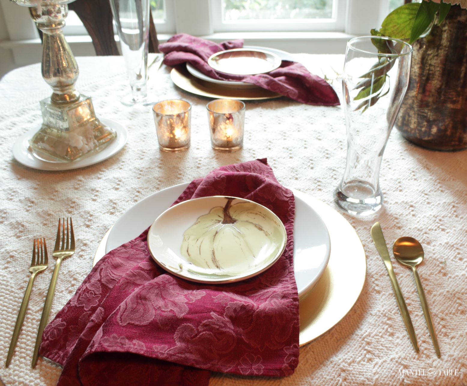 Red Fall Tablescape closeup of place setting