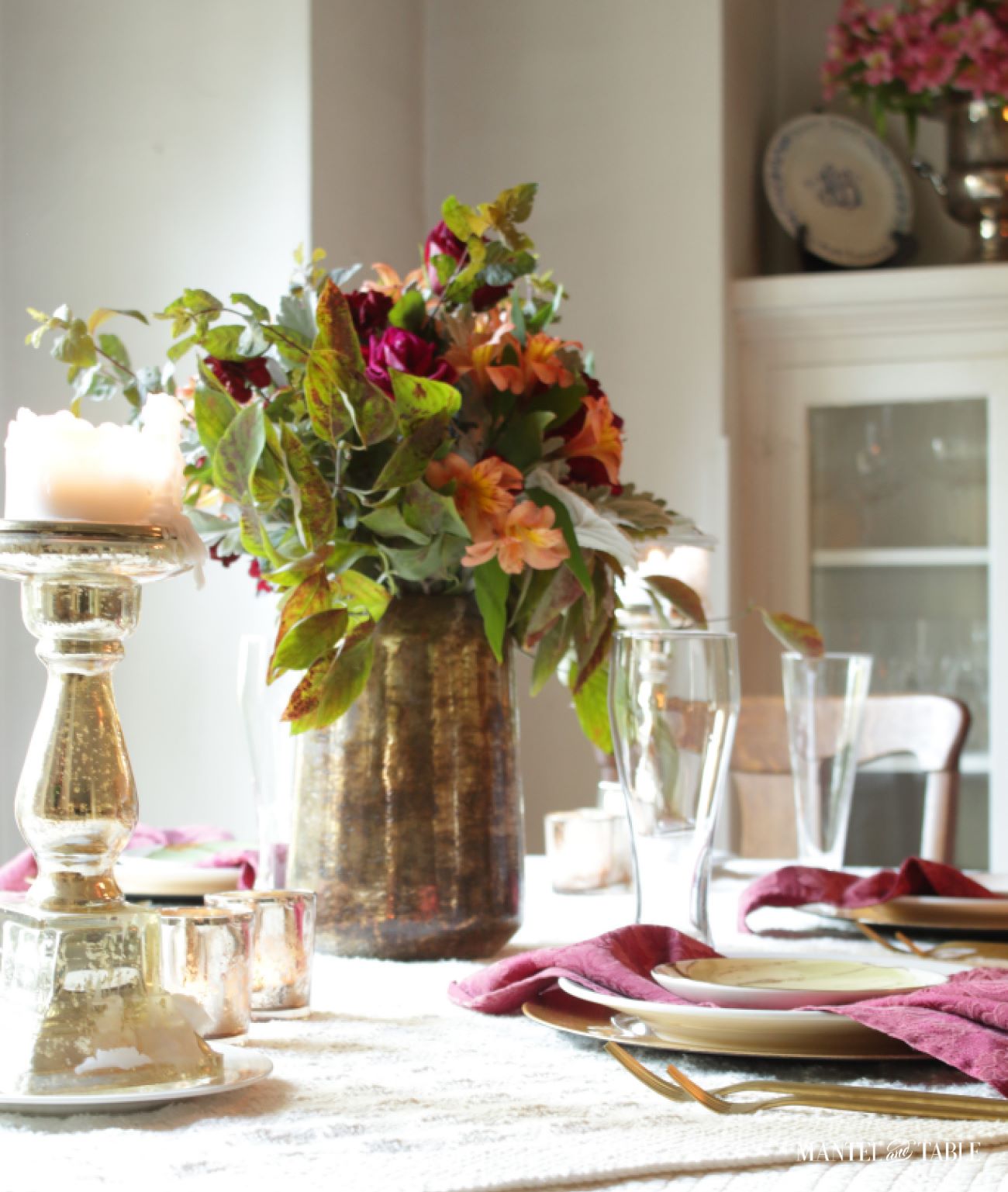 Red Fall Tablescape with pillar and votive candles