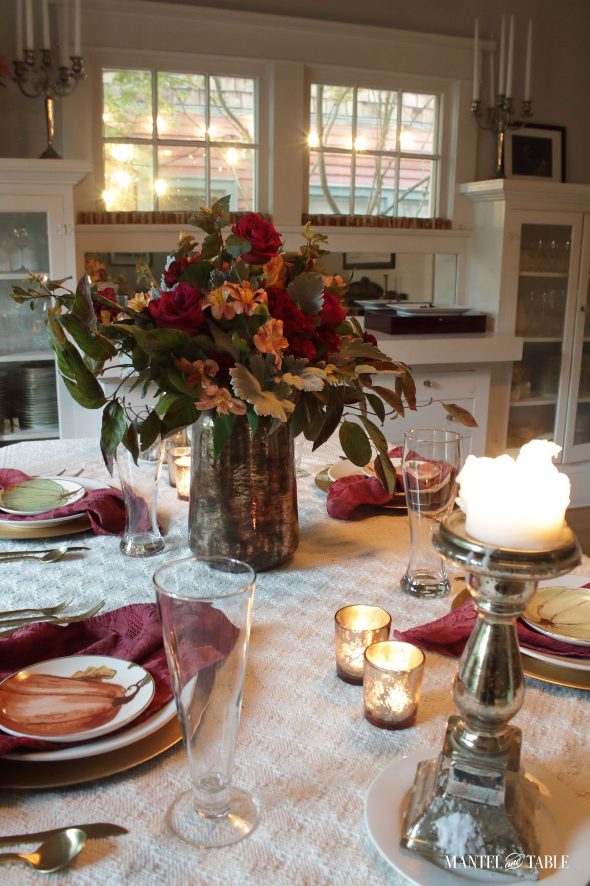 Red Fall Tablescape in candle glow
