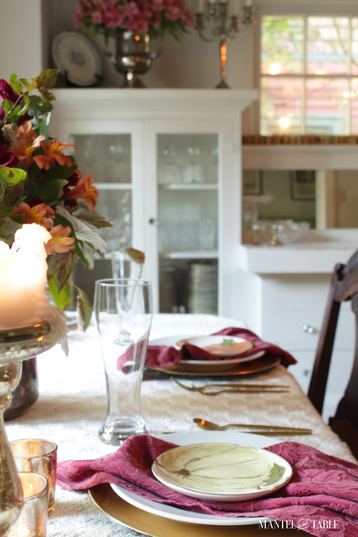 Red Fall Tablescape - 2 place settings with pumpkin plates