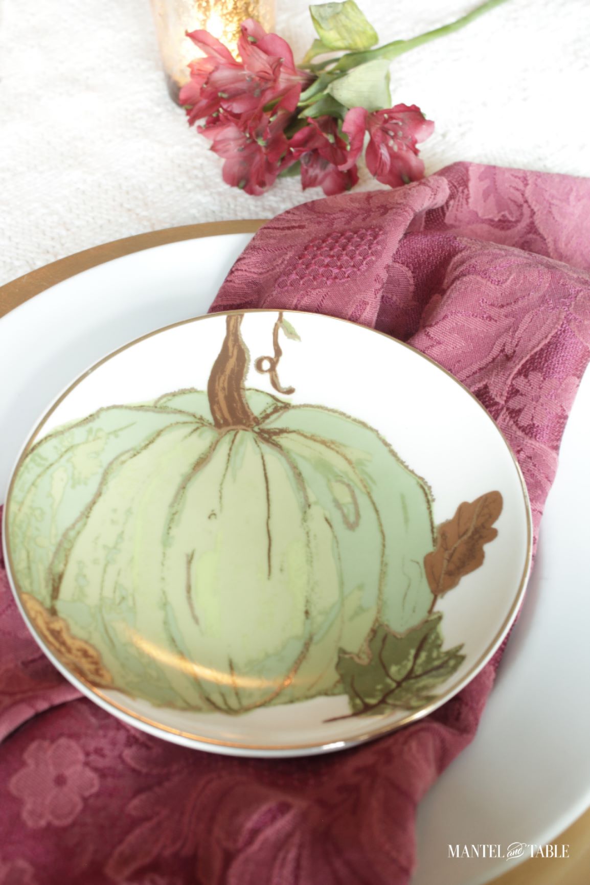 Closeup of round green pumpkin plate
